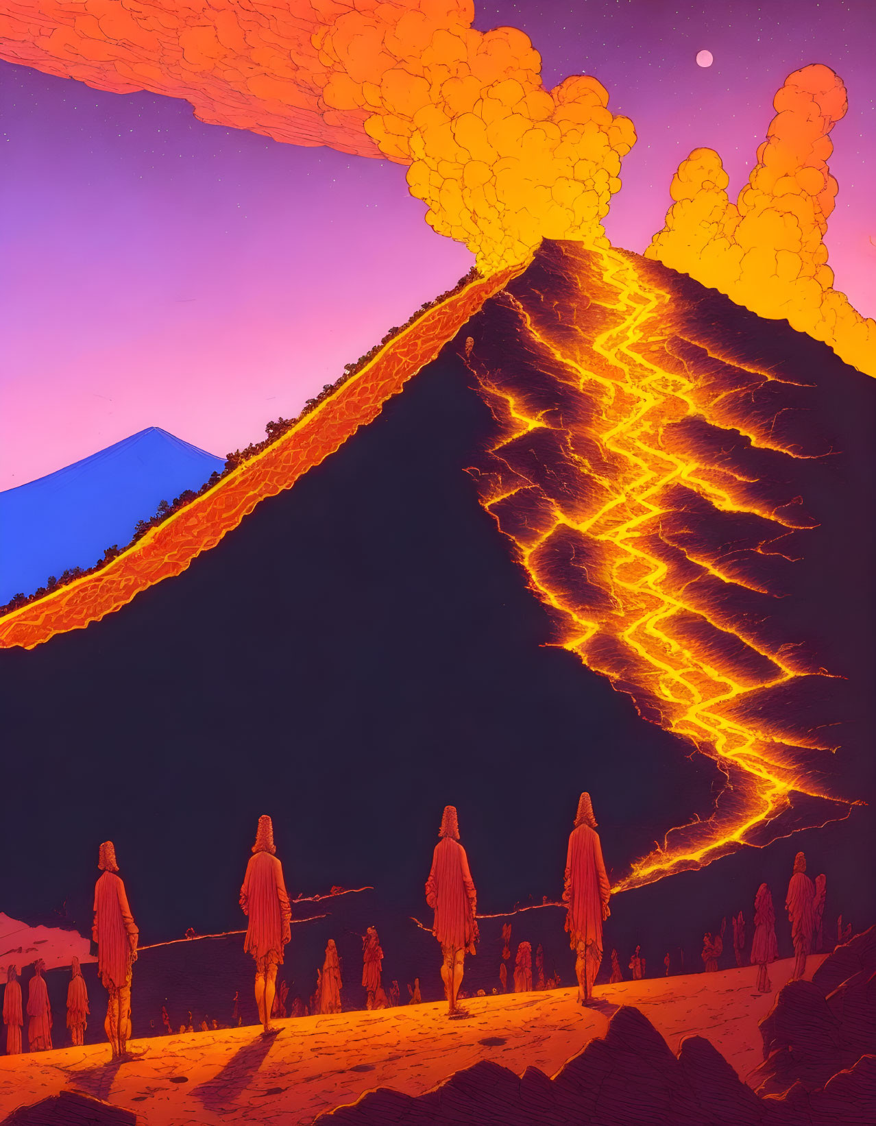 Illustration: Figures observing volcanic eruption under dusky sky