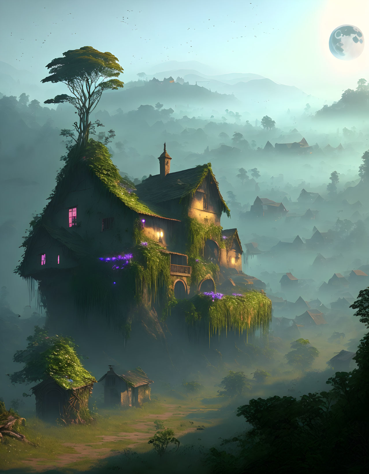 Glowing treehouse in lush foliage overlooking misty valley