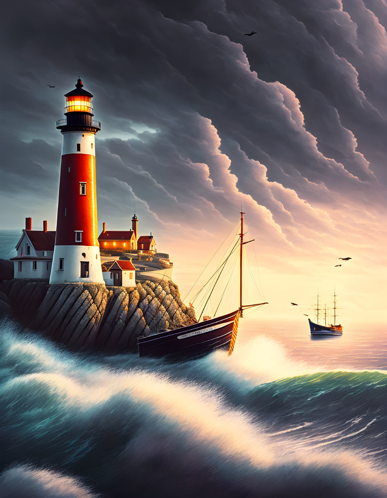 Lighthouse on rocky shores with glowing beacon, boats on dynamic waves, dramatic sky.