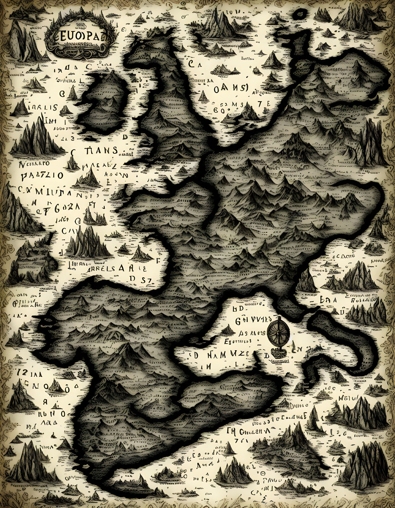 Antique Style Fantasy Map with Mountains and Forests