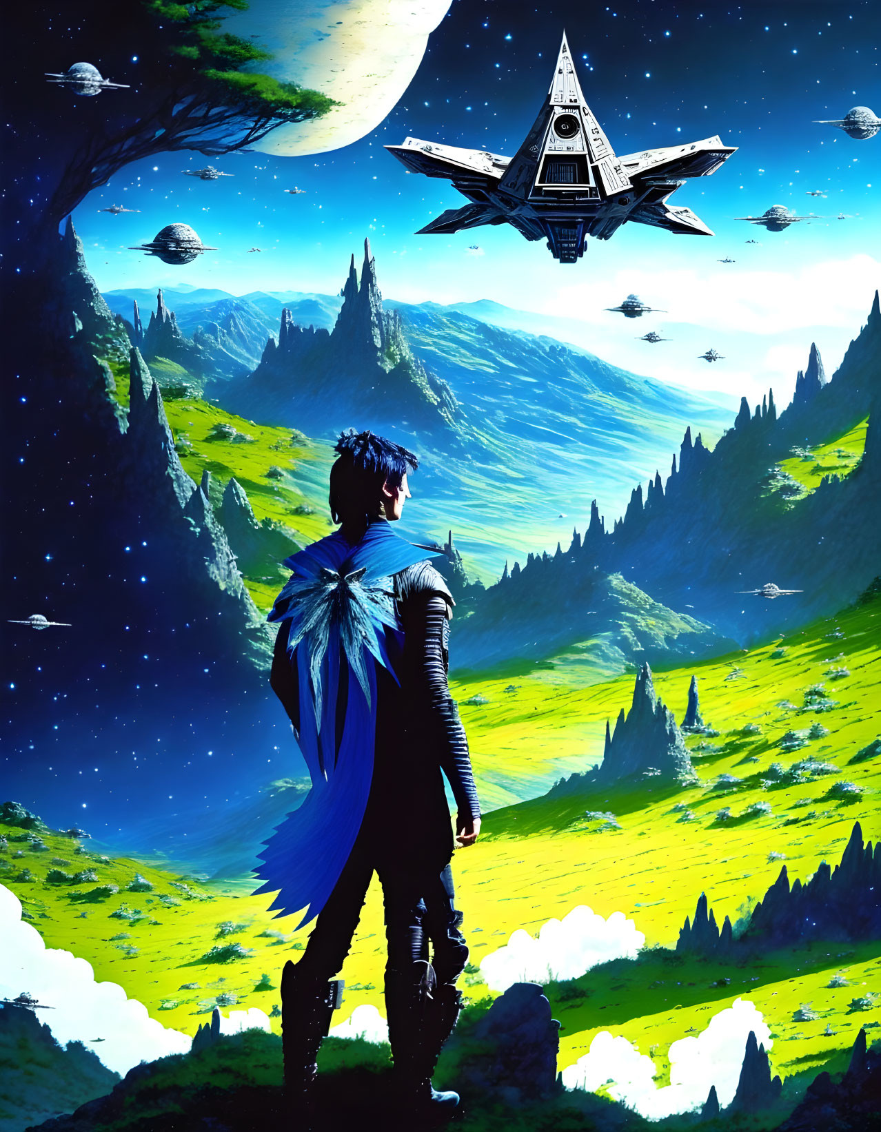 Person in winged attire gazes at starship and floating rocks in fantastical landscape