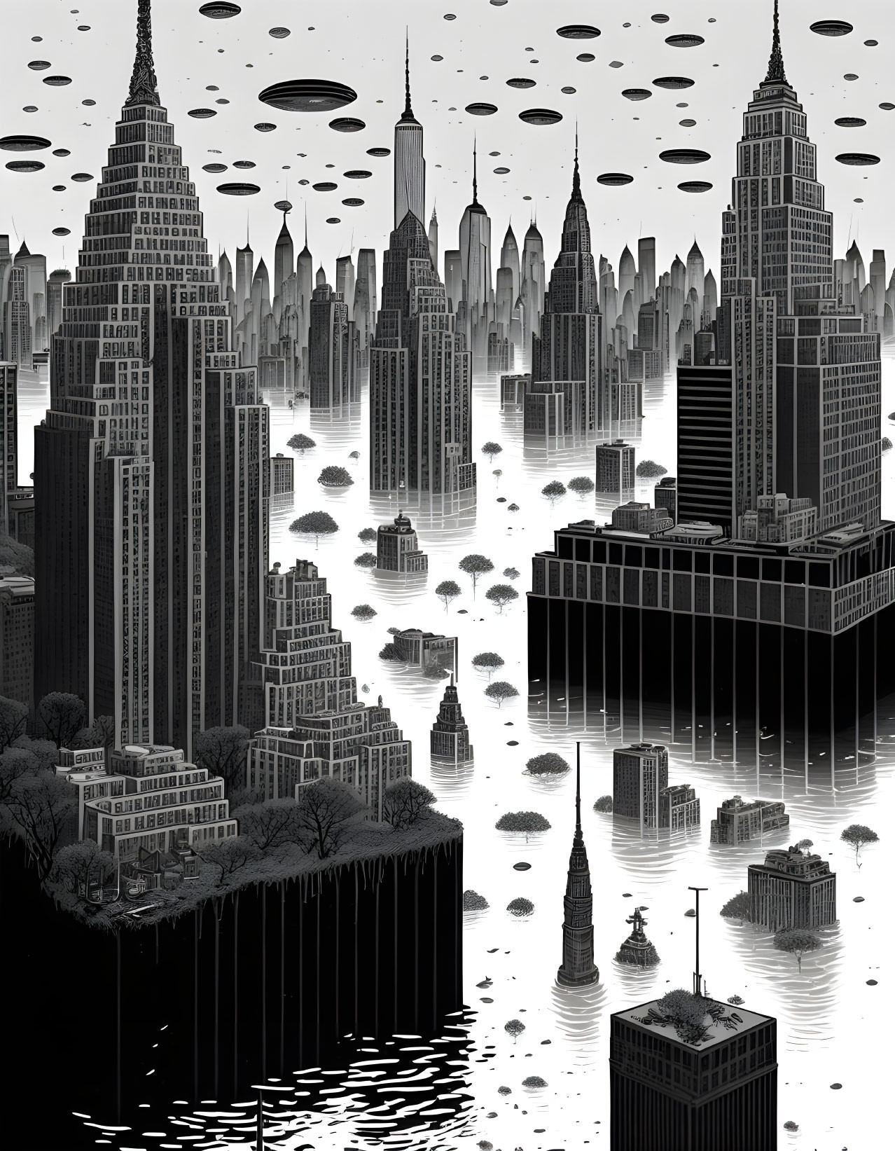 Monochromatic surreal cityscape with floating skyscrapers and inverted mirror-like buildings