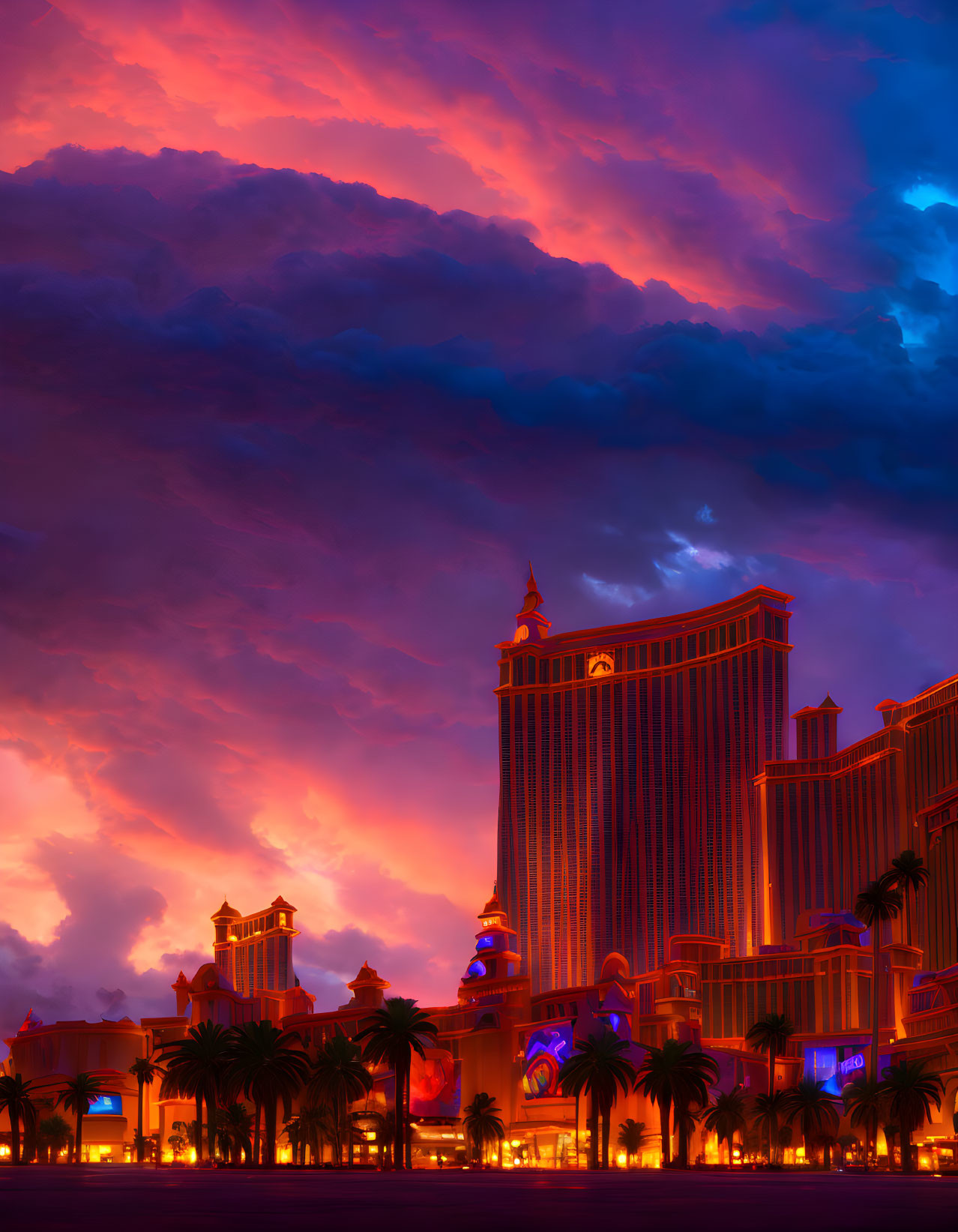 Silhouette of majestic hotel against dramatic sunset sky