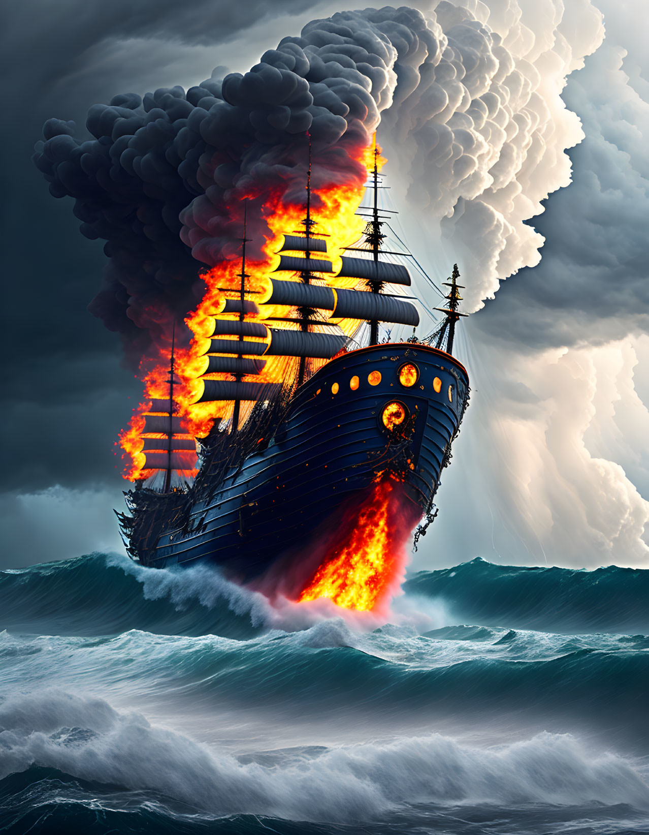 Burning sailing ship in stormy seas under dark sky