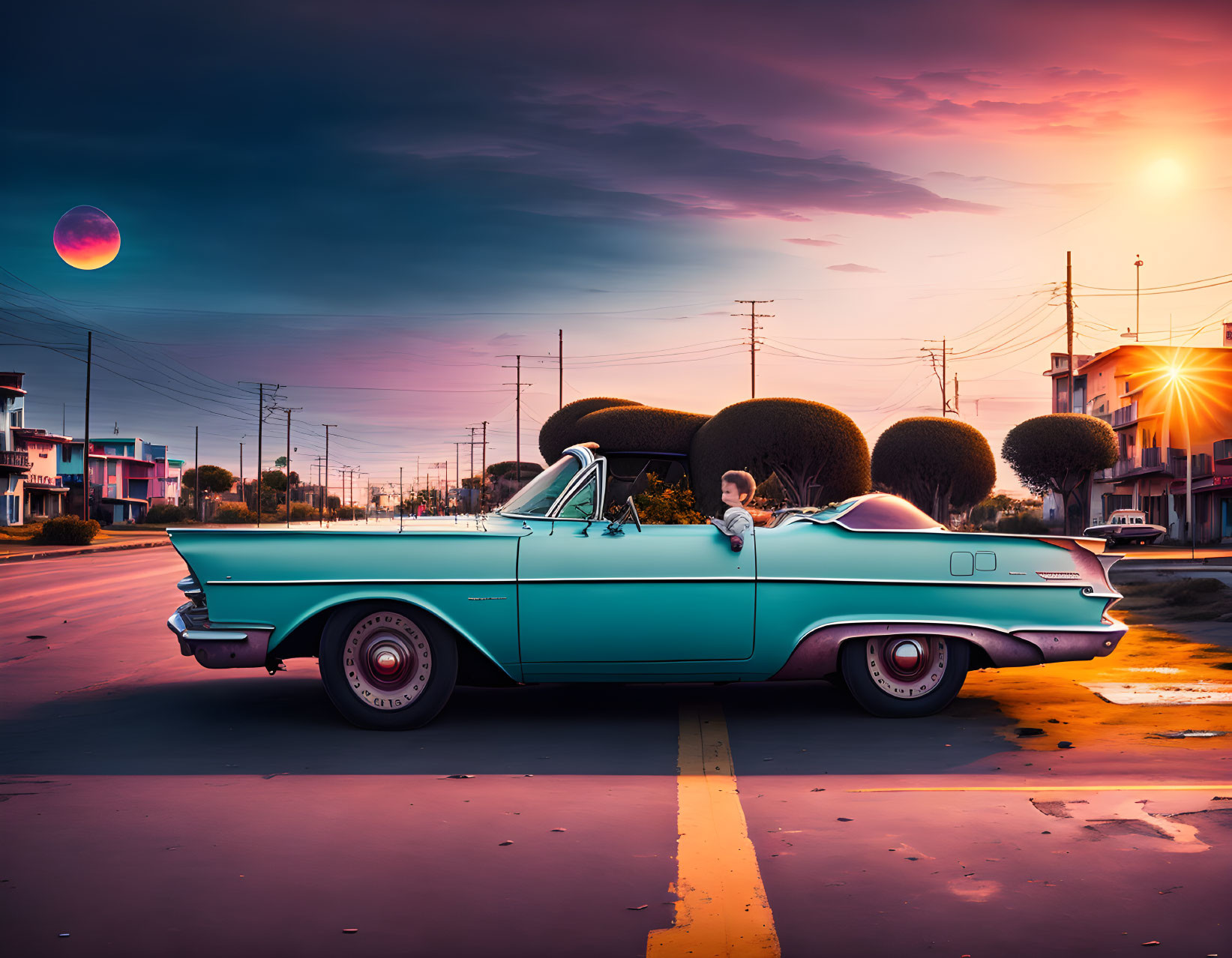 Vintage Turquoise Convertible Parked on Street at Sunset with Oversized Moon