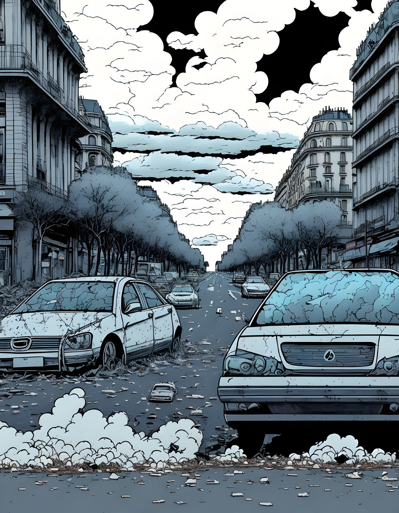 Illustrated street scene with abandoned cars under a cloud-filled sky