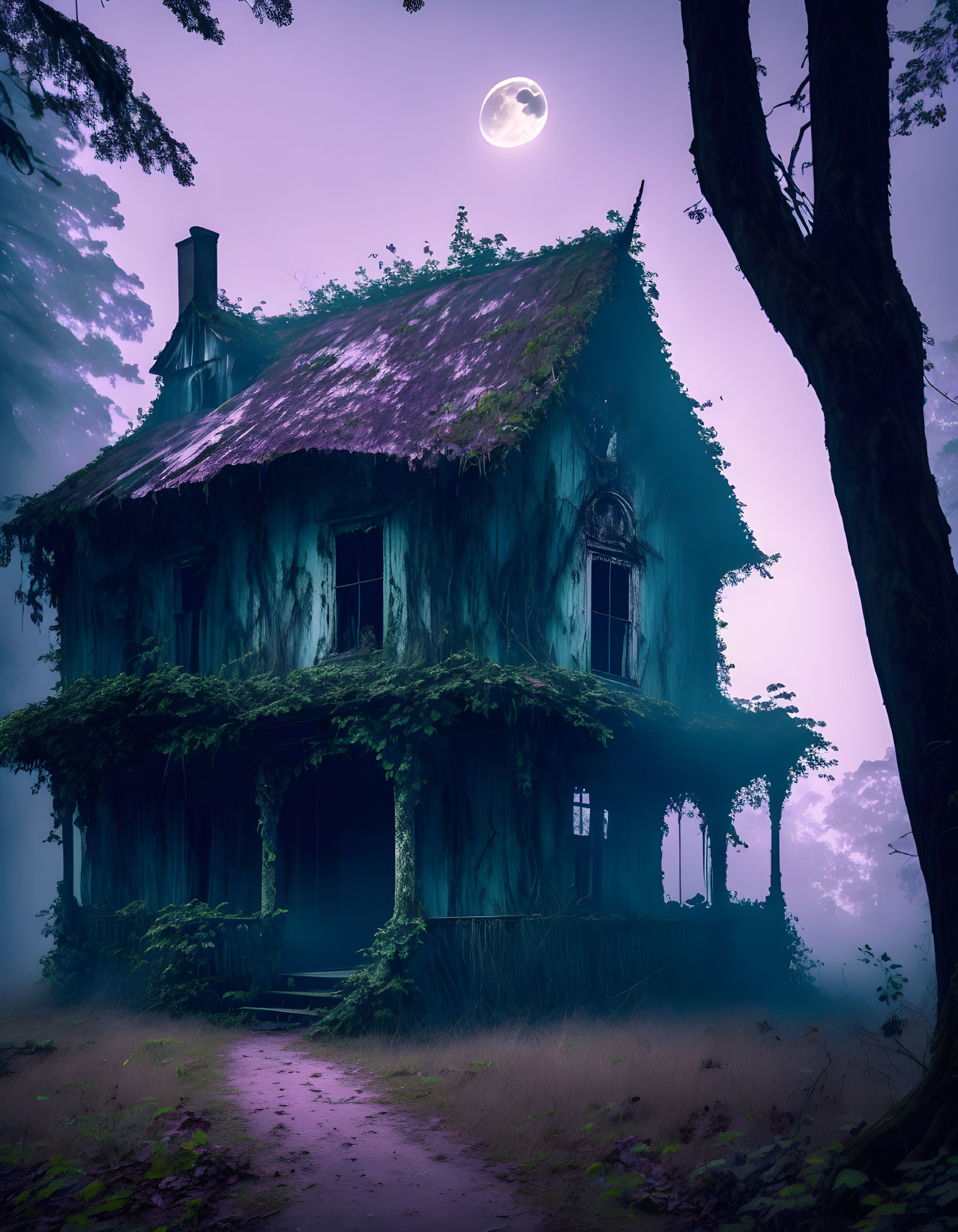 Eerie two-story house covered in vines under full moon