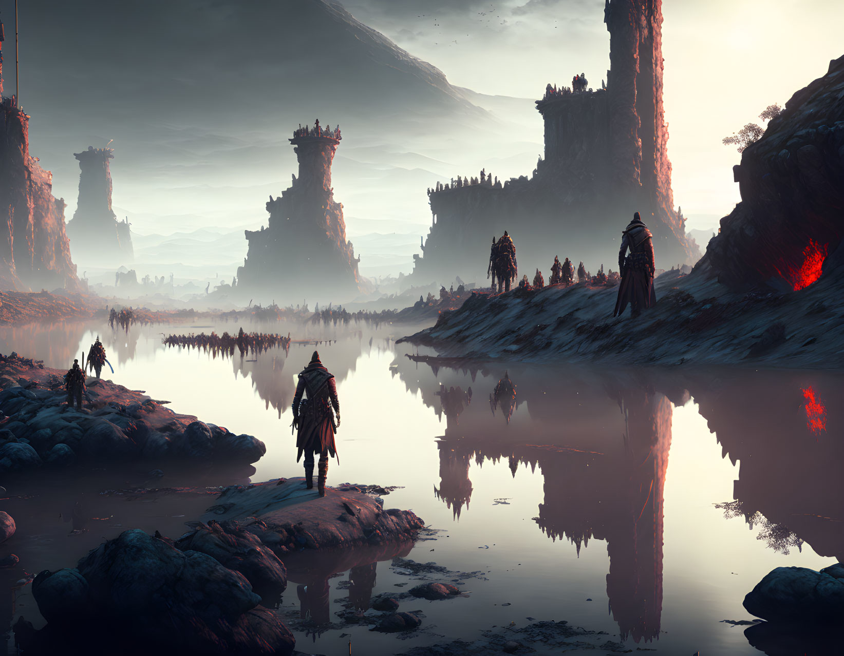 Cloaked figures in misty crimson landscape with rugged spires.