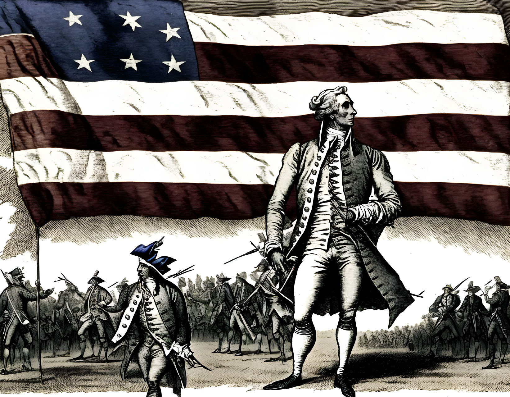 Illustration of Revolutionary War soldiers and officer with 13-star American flag