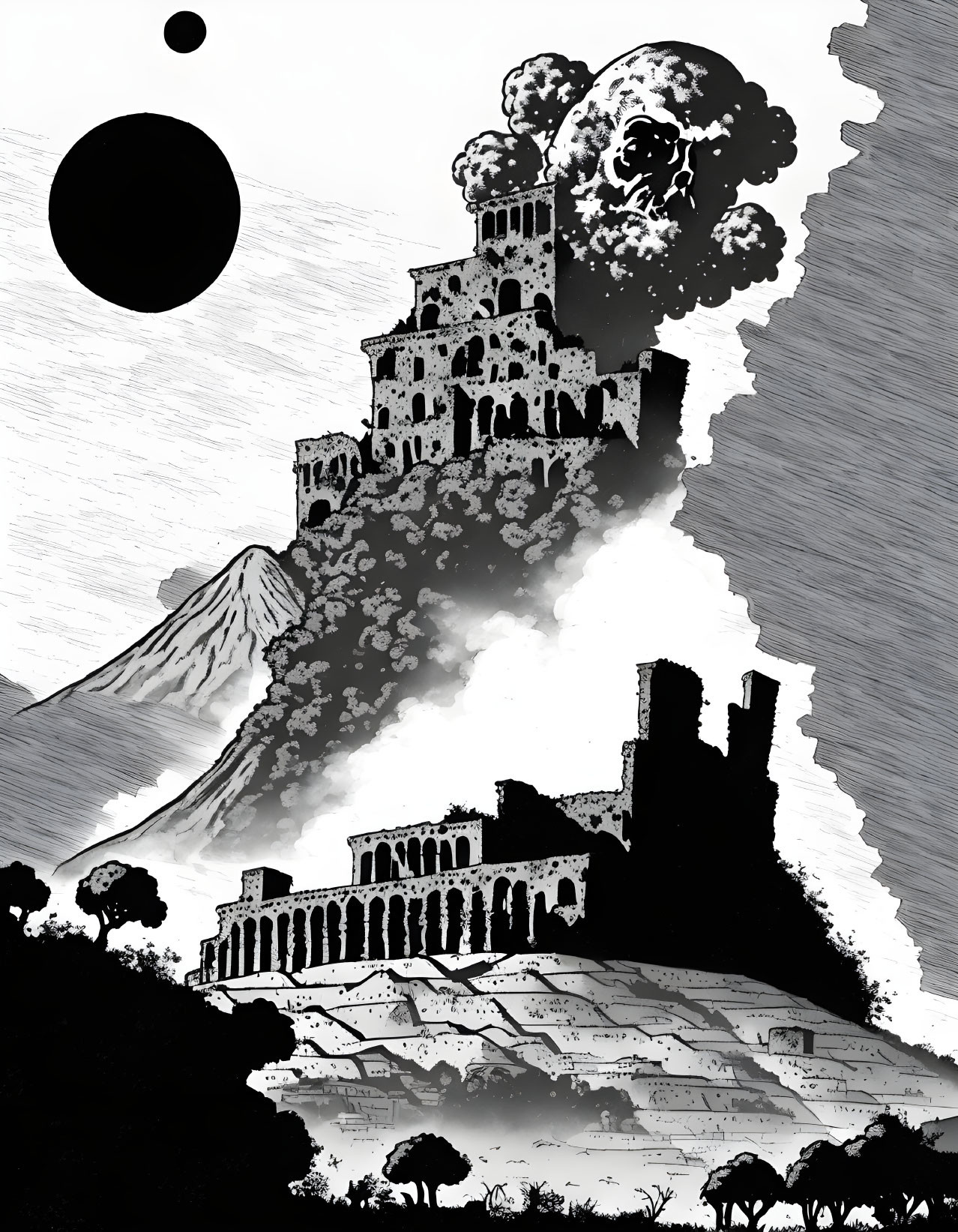 Monochrome layered cityscape with castles, erupting volcano, and black sun.