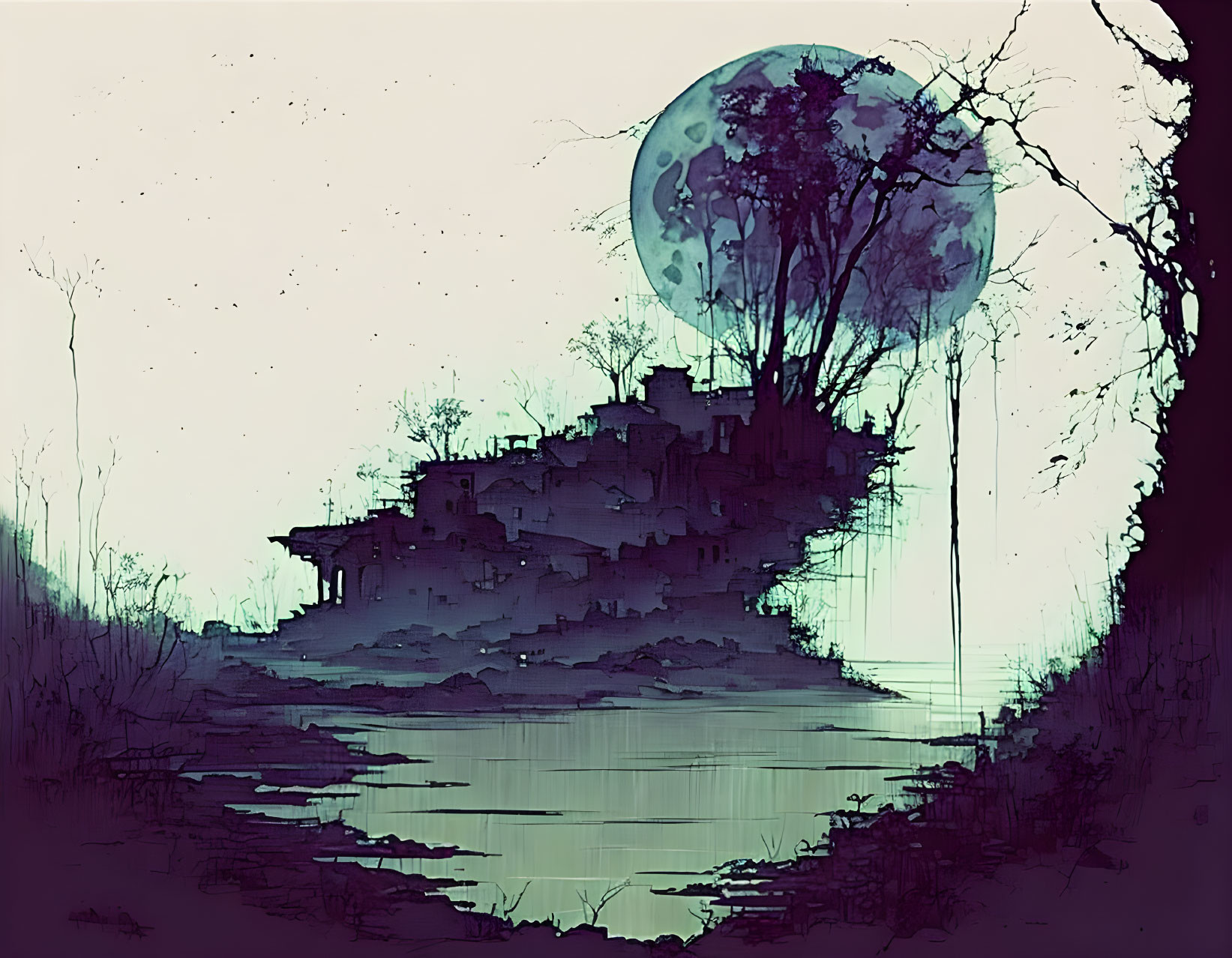 Digital illustration: Abandoned hilltop village under moonlight