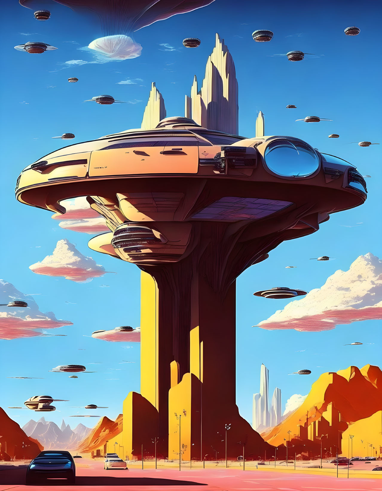 Futuristic sci-fi cityscape with towering structures and flying saucer building.