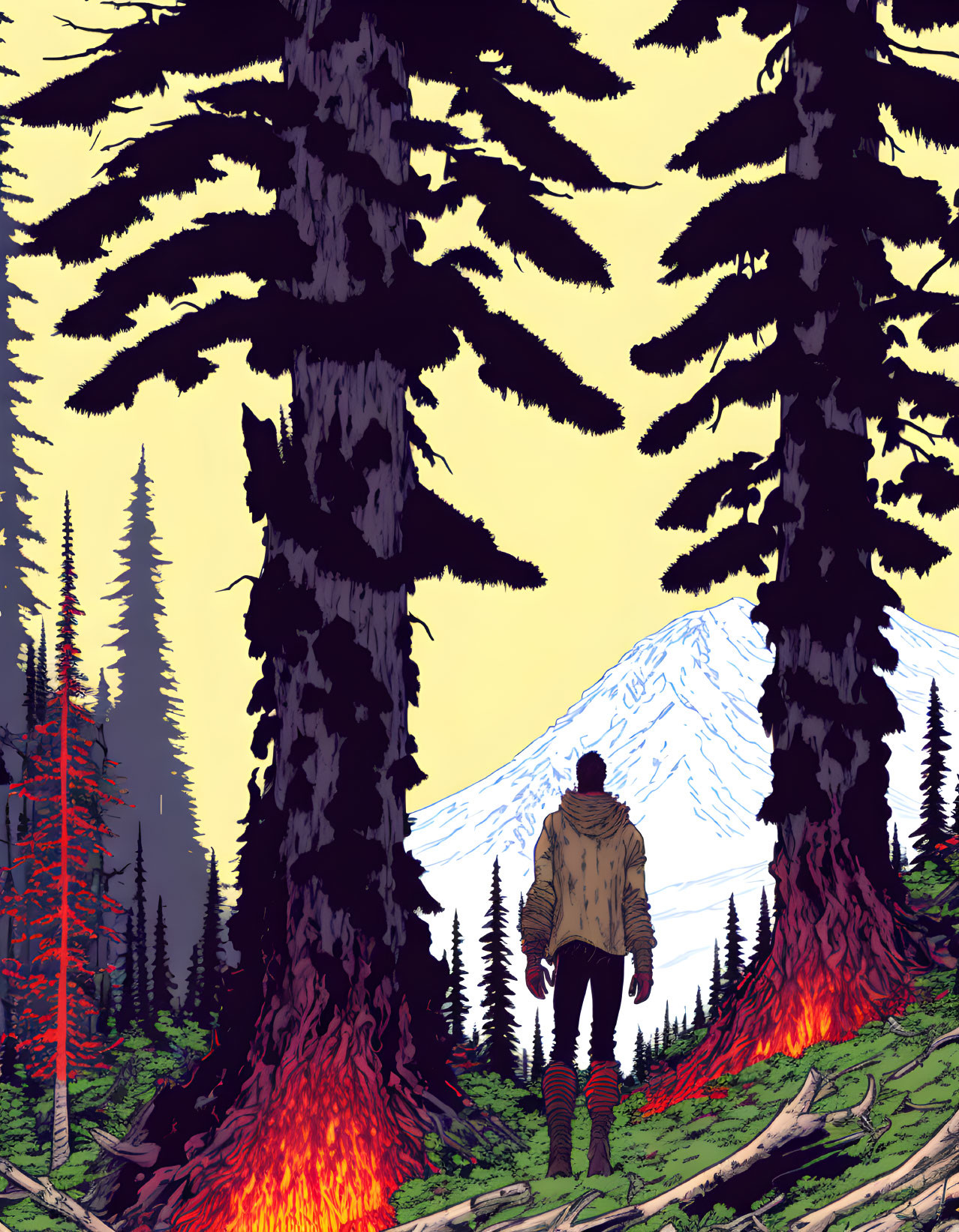 Person in jacket gazes at snow-covered mountain in forest scene