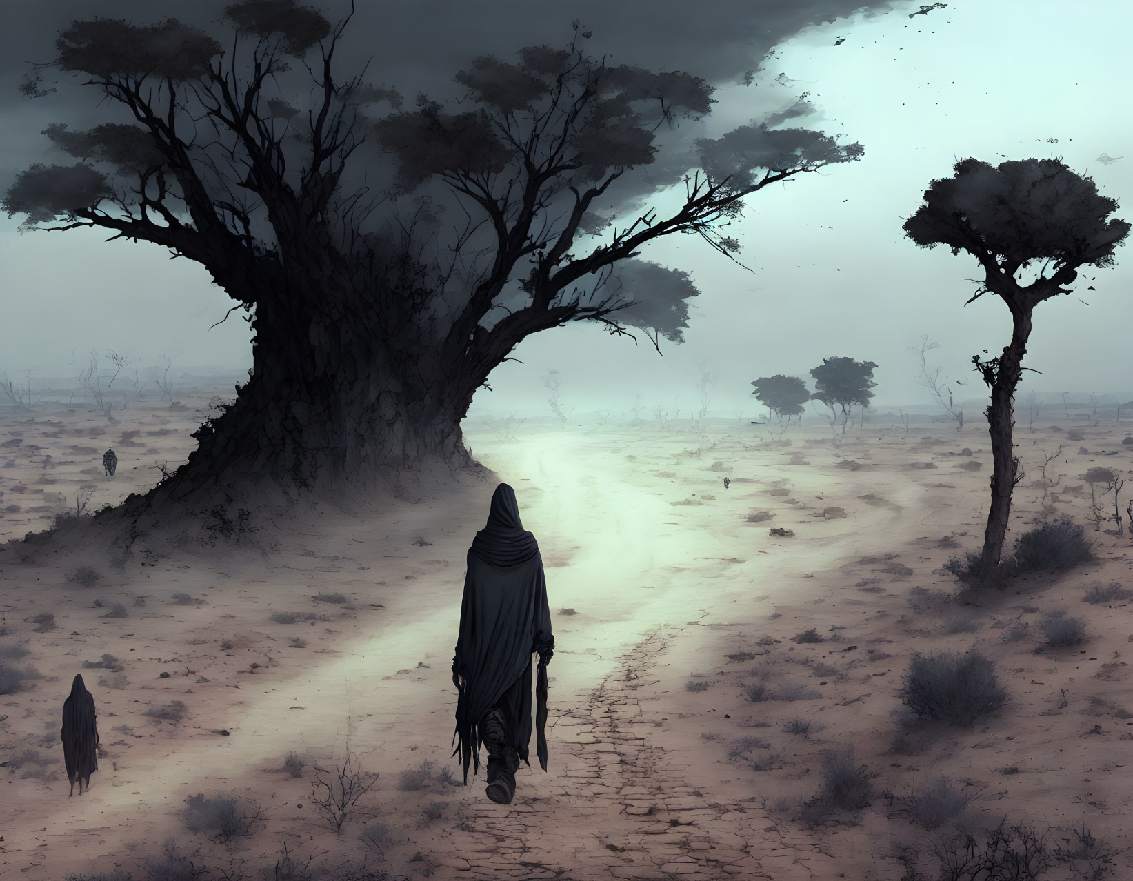 Cloaked figure walking in desolate landscape with sparse trees