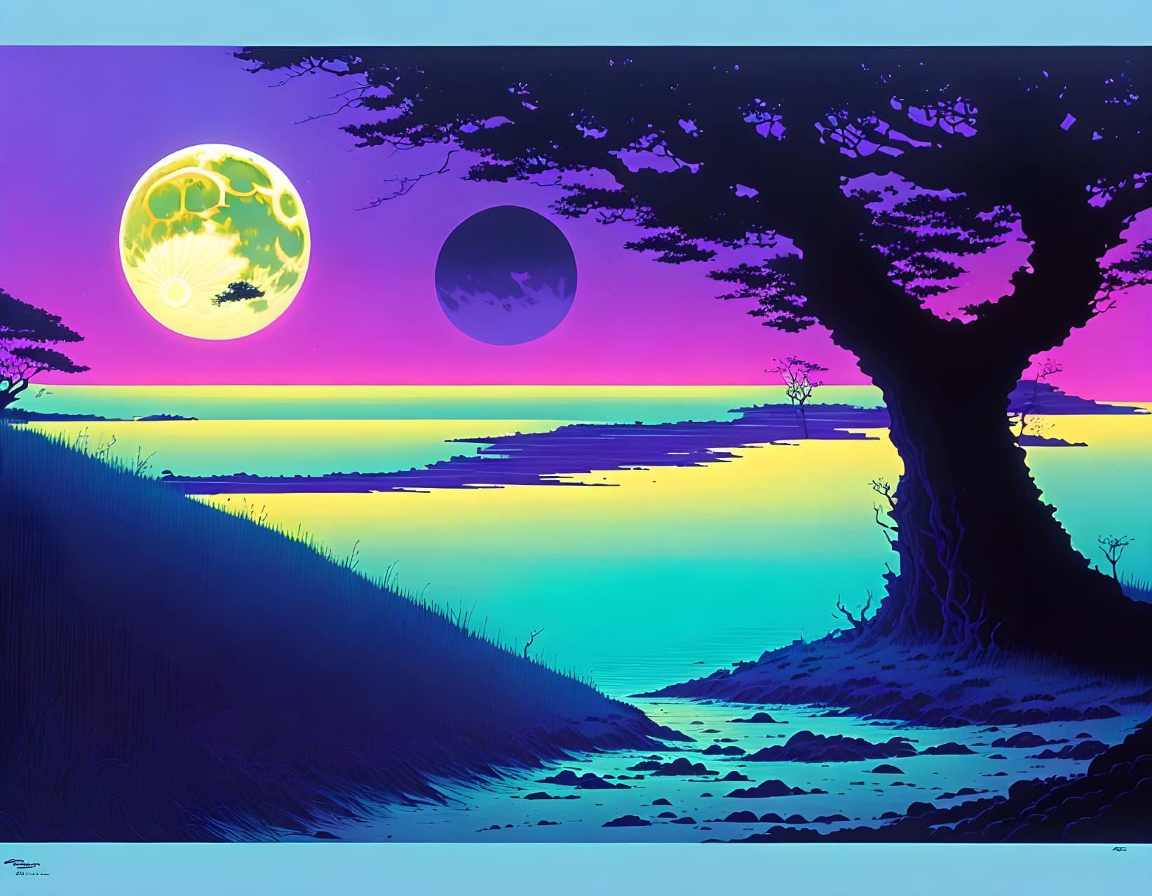 Surreal digital artwork: Two moons, luminous sea, neon sky