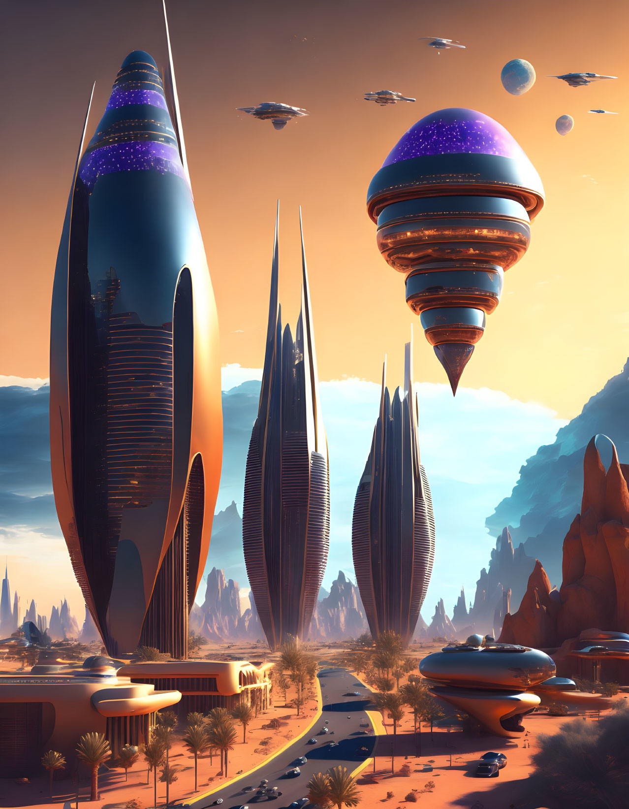 Futuristic cityscape with towering buildings and floating structures under an orange sky