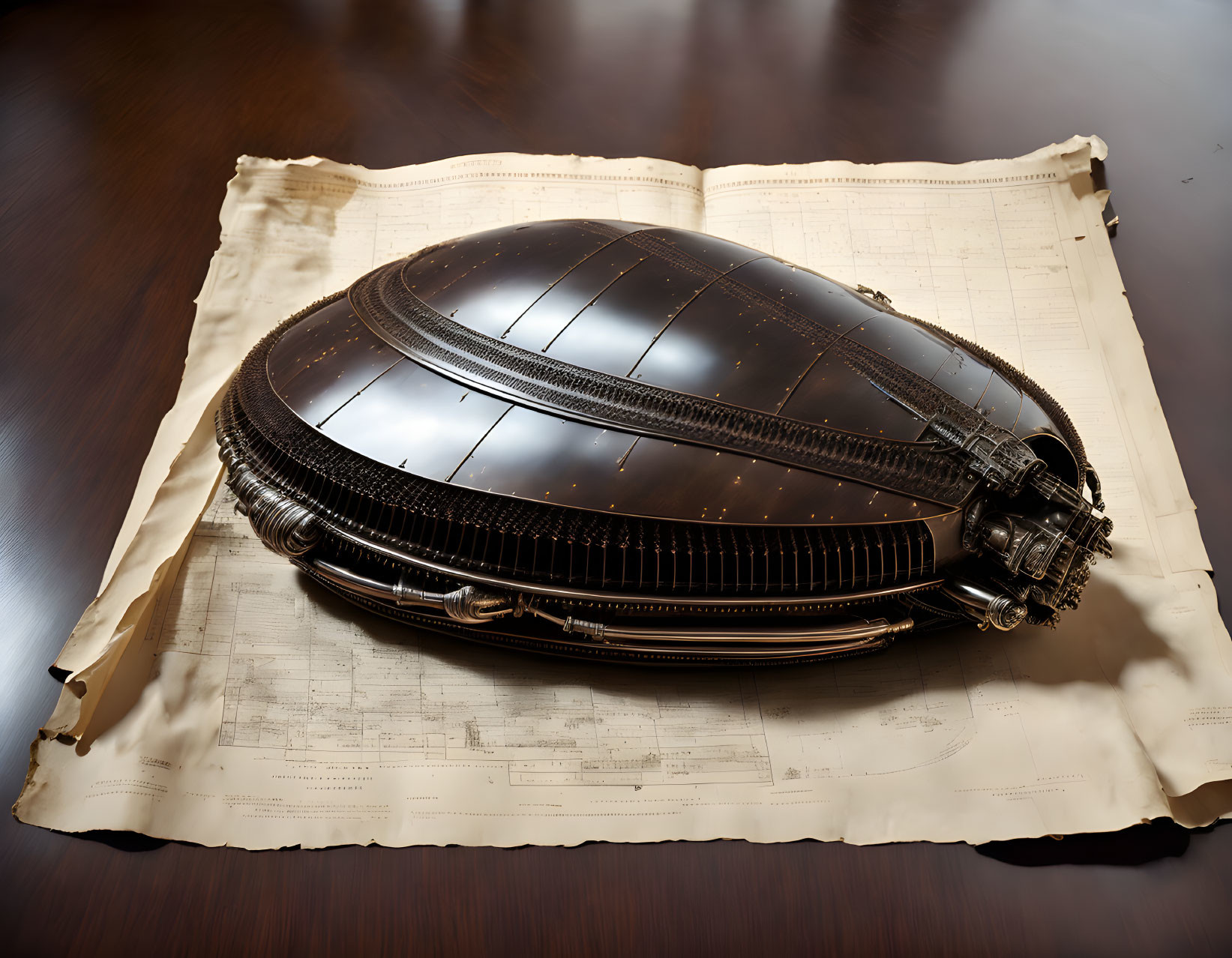 Steampunk-style mechanical rugby ball on antique book with musical scores