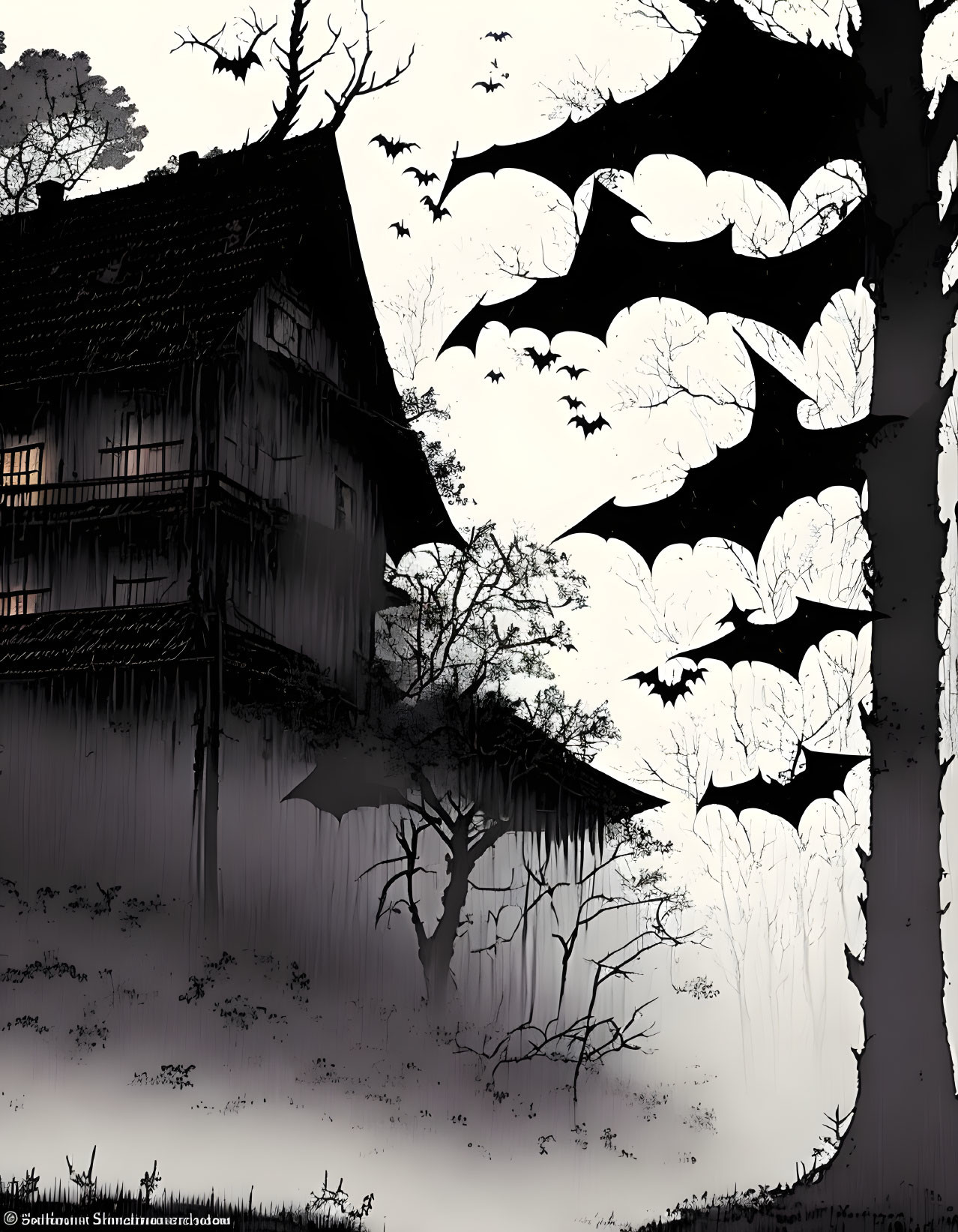 Dark Haunted House Illustration with Bats and Leafless Trees