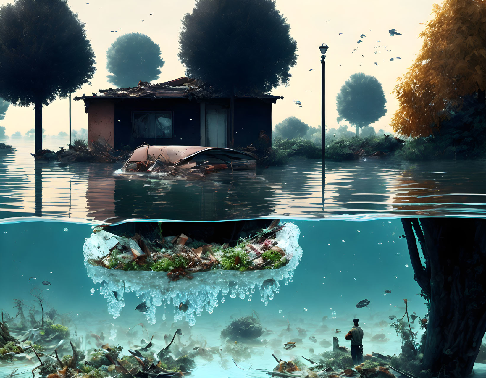 Submerged car, dilapidated house, floating islands, surreal flooded landscape, one person standing.