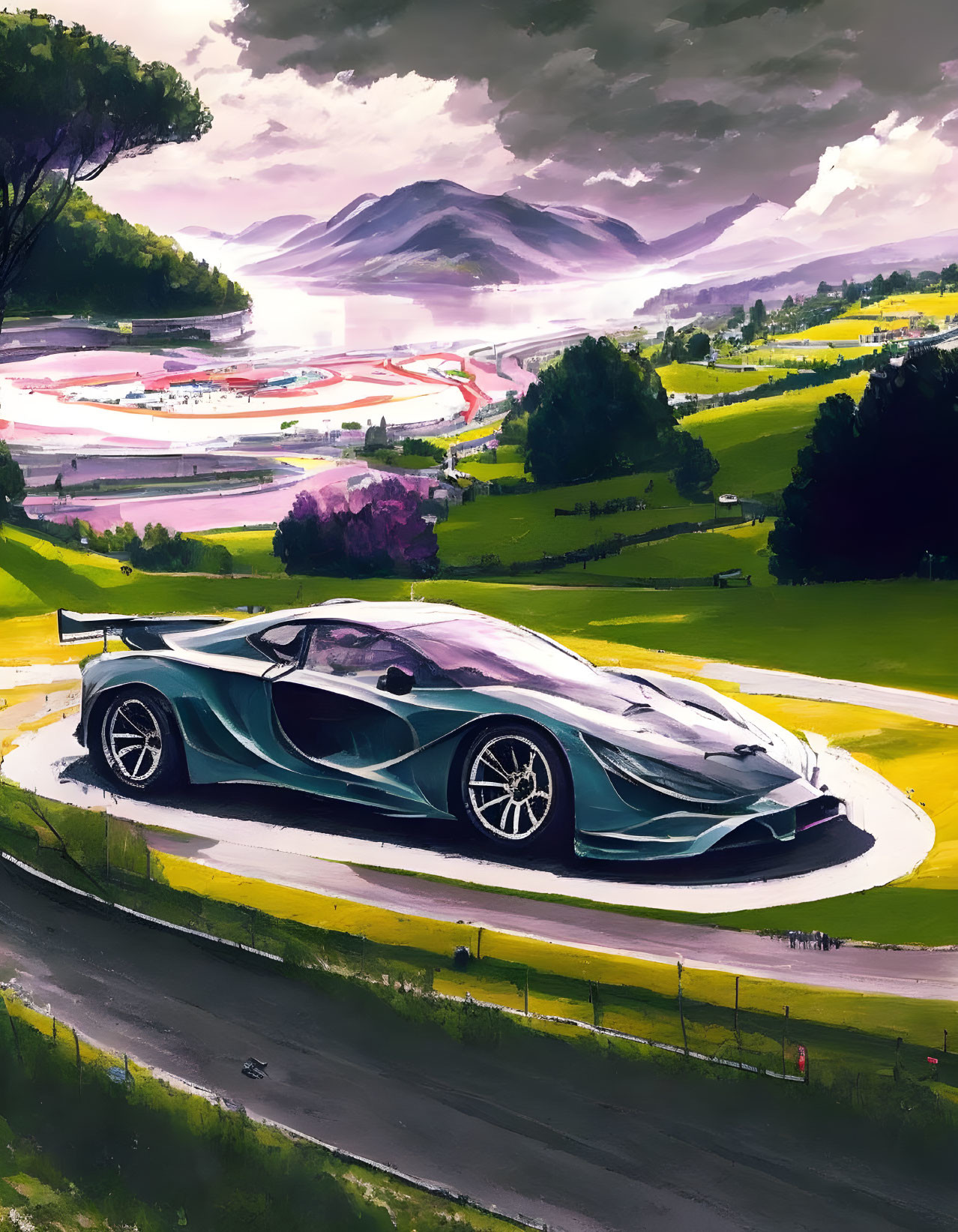 Blue sports car speeding on green track with mountain backdrop under purple sky