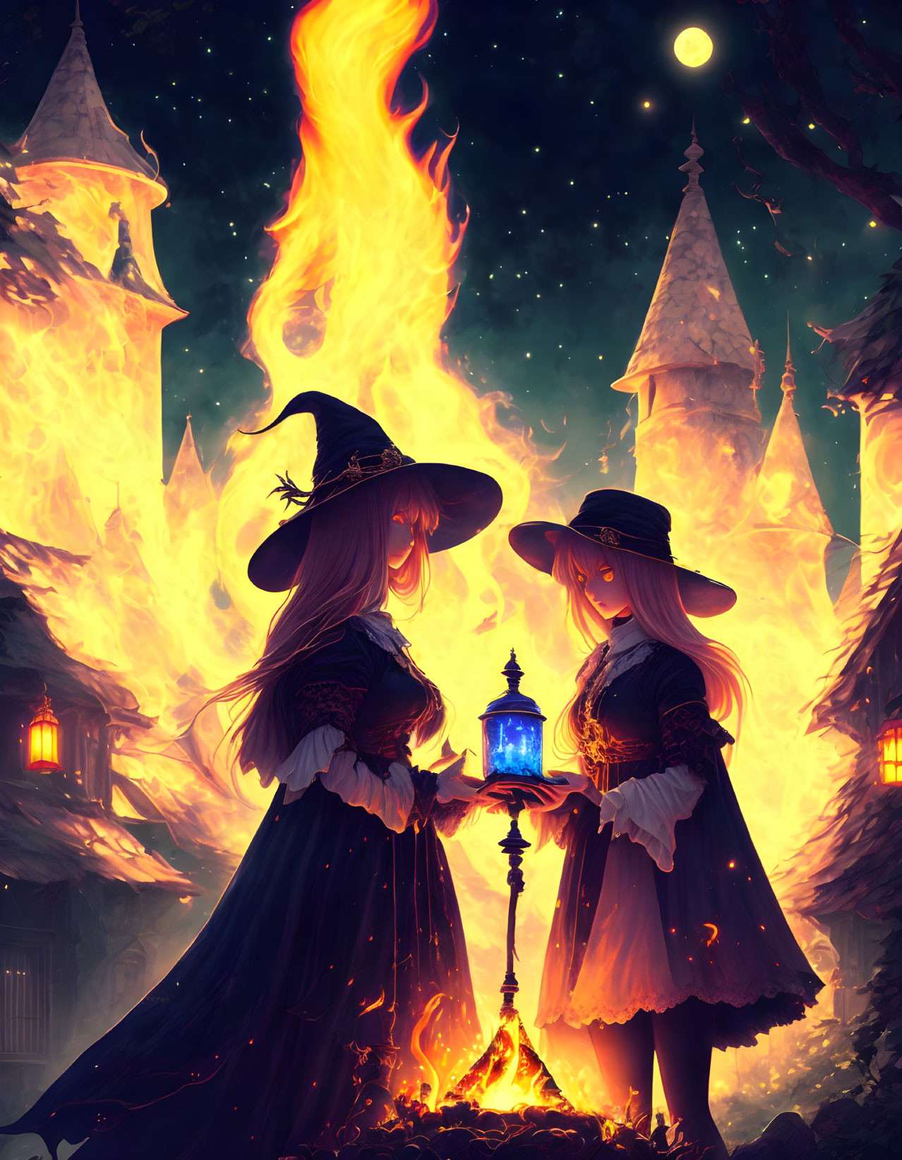 Two witches with glowing lanterns by a fire in magical attire, towers under twilight sky.