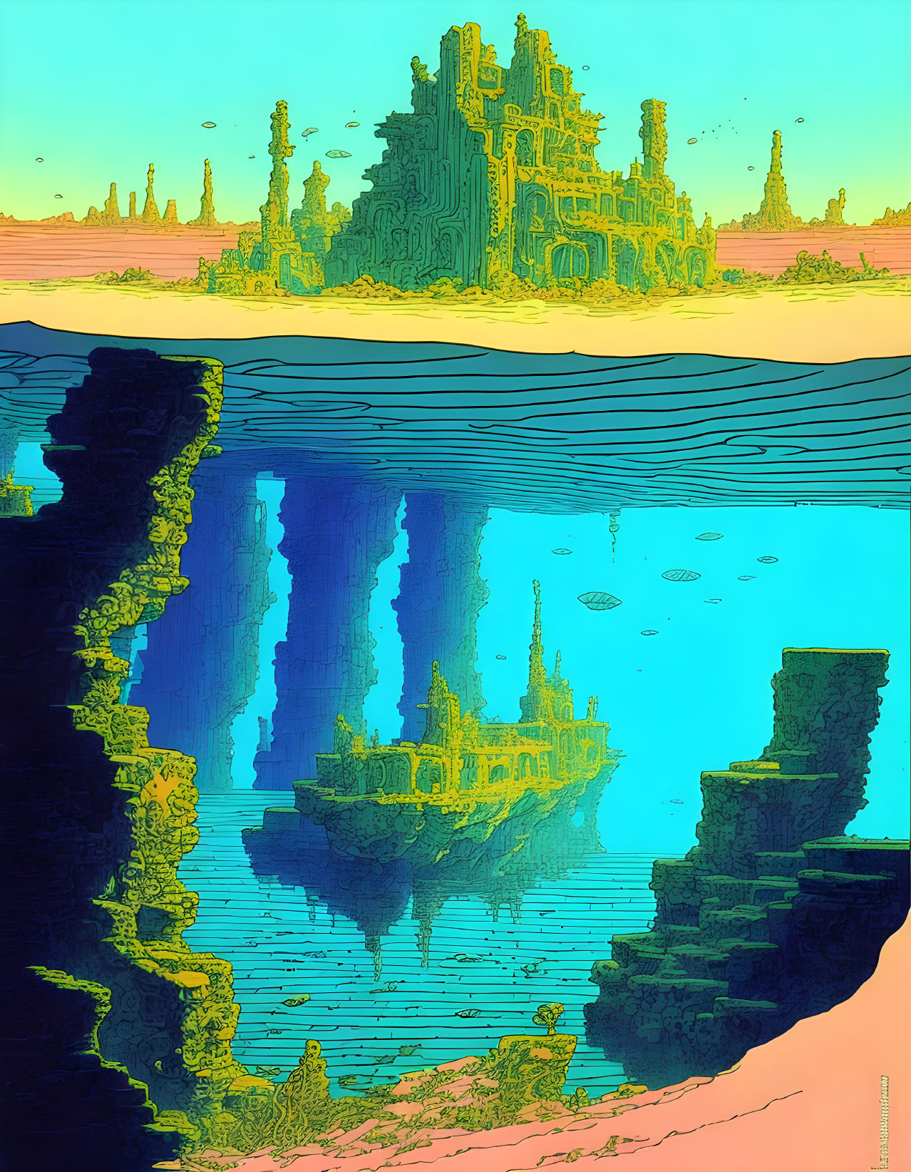 Surreal landscape: golden castle, towering pillars, deep blue chasm, floating rocks, past