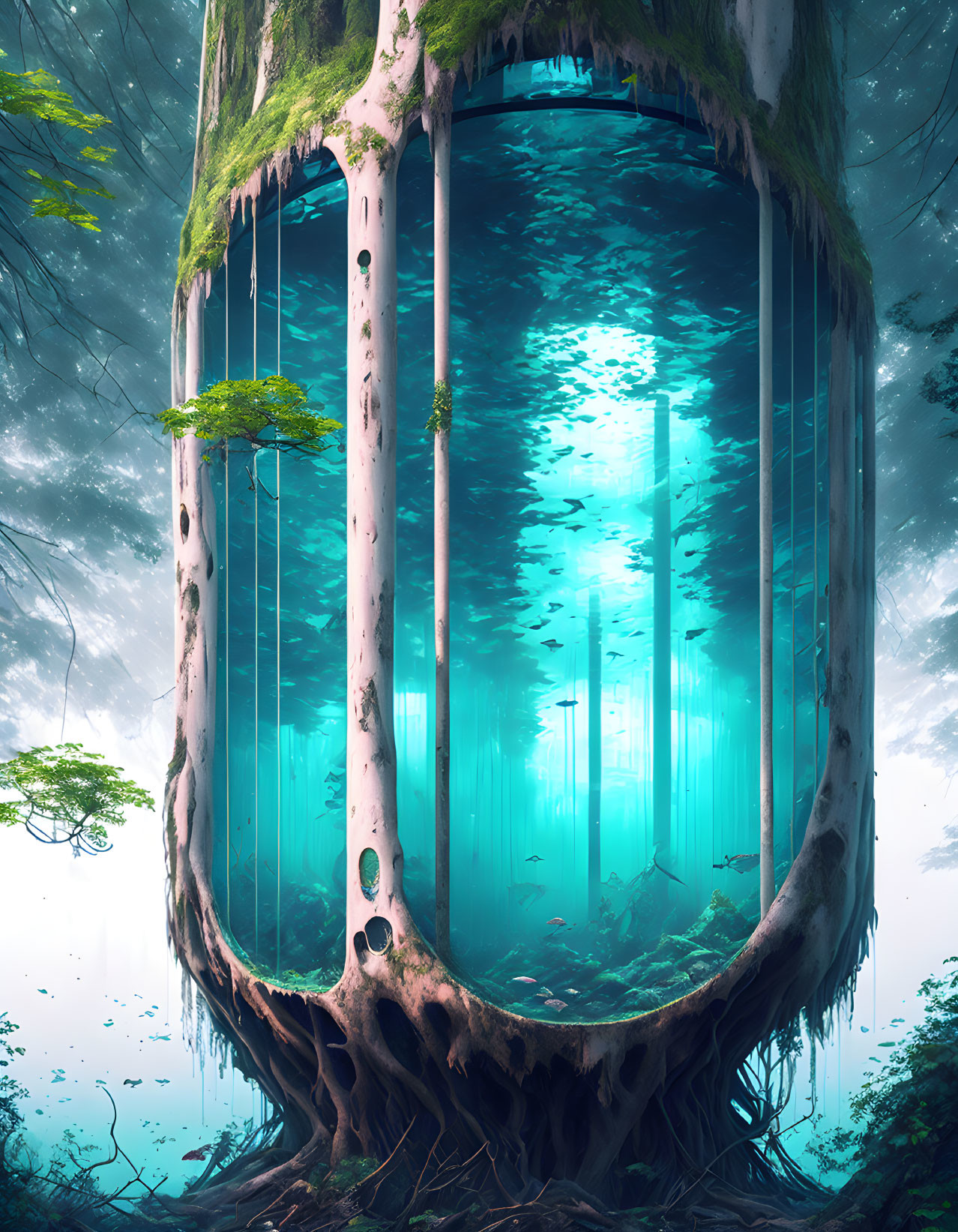 Enchanting hollow tree with glowing blue water ecosystem