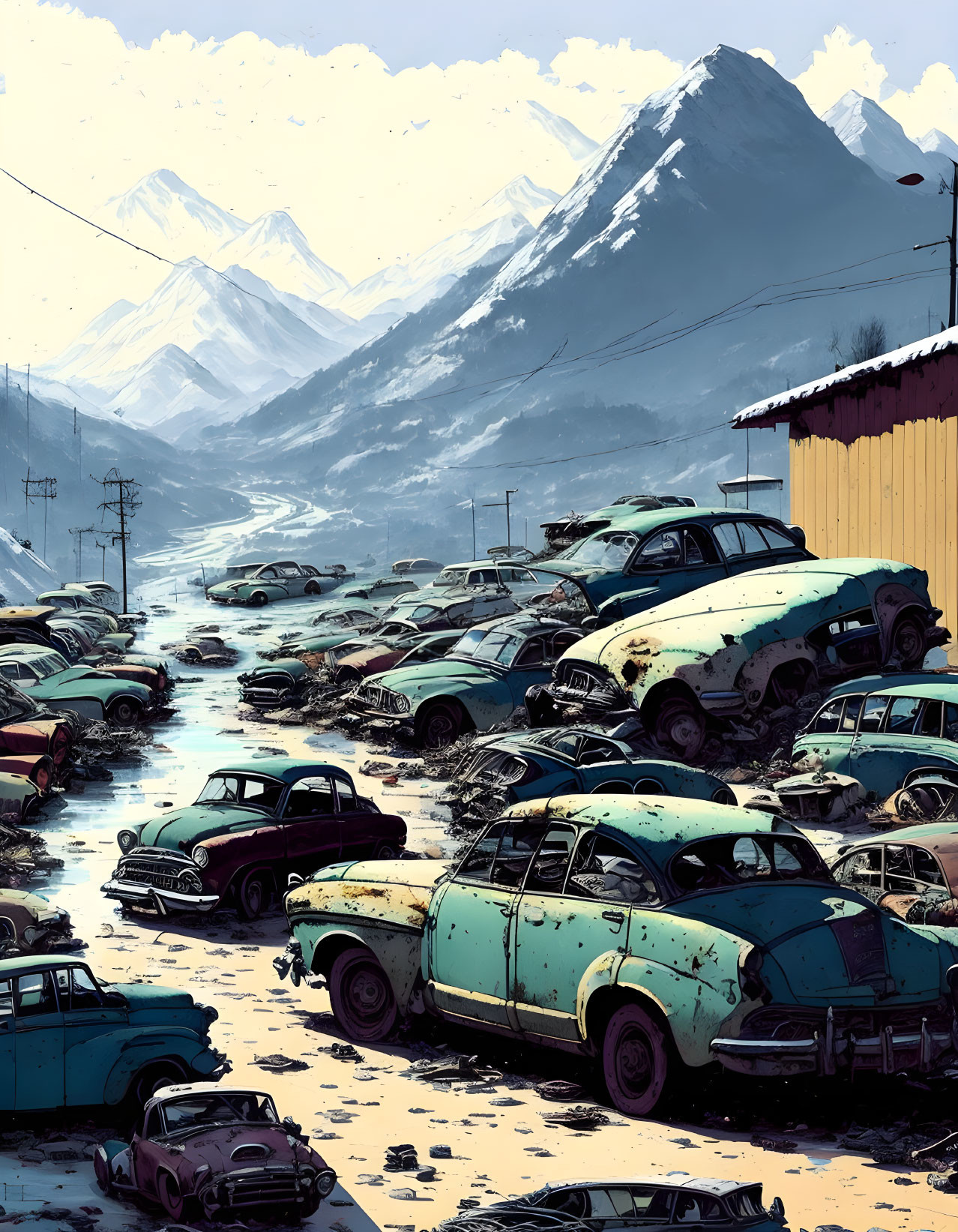 Vibrant junkyard illustration with old cars and snowy mountains