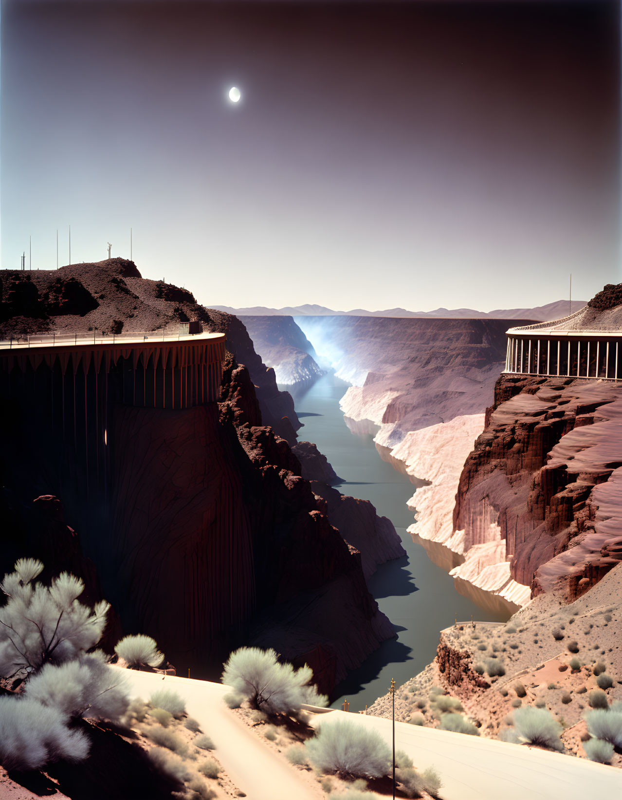 Solar eclipse over canyon with dam, river, desert plants, and viewing platform