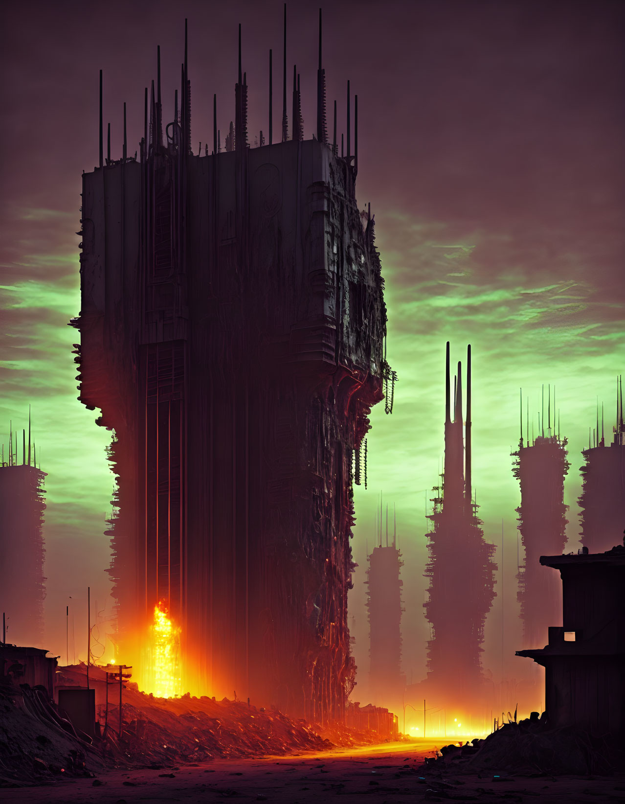 Enormous futuristic towers in a dystopian cityscape at dusk