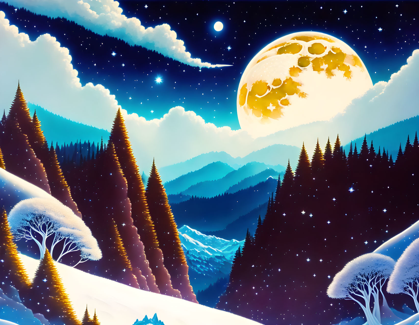 Detailed nighttime landscape with moon, stars, snow, pine trees & mountains