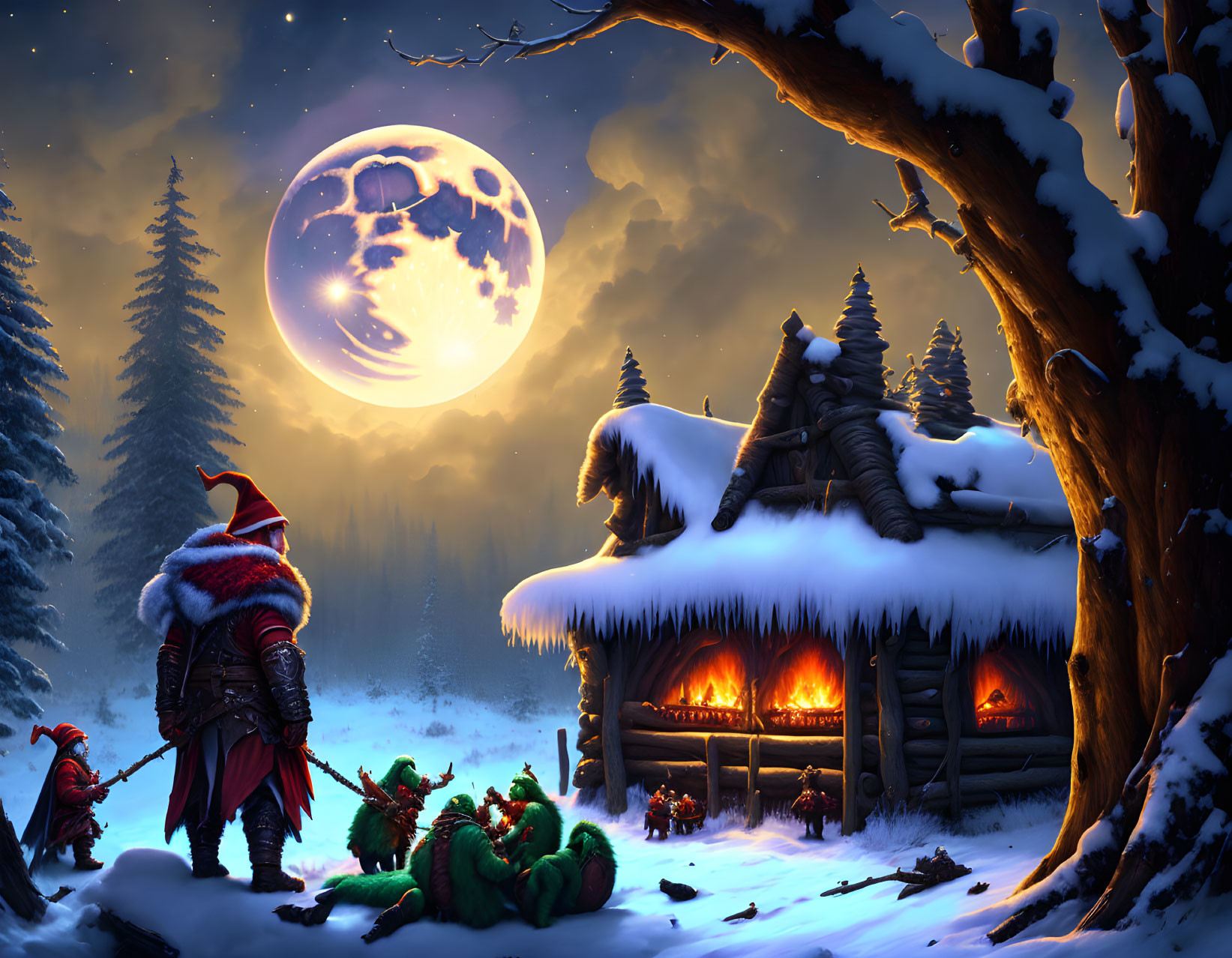 Snowy Scene: Figure in Red by Cottage Under Full Moon