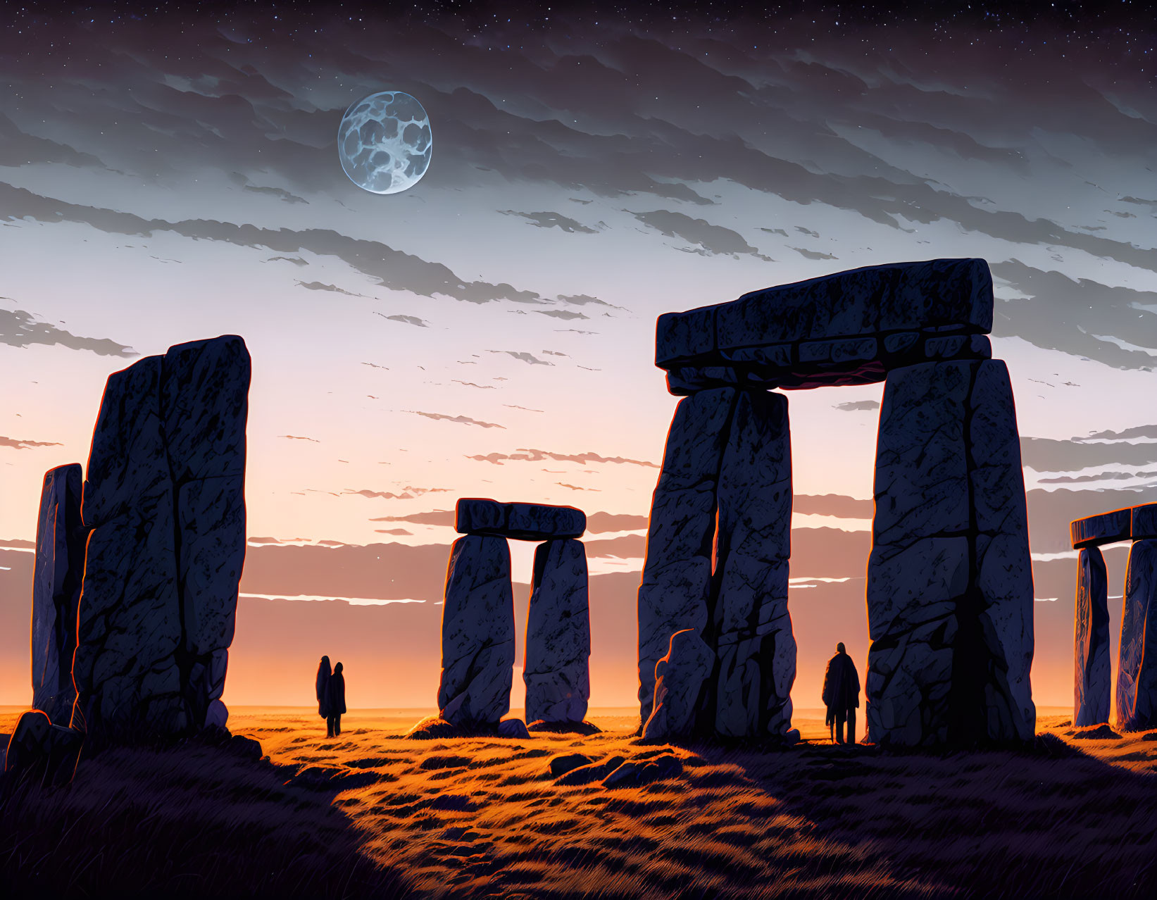 Silhouetted figures near ancient stone megaliths under moonlit twilight sky