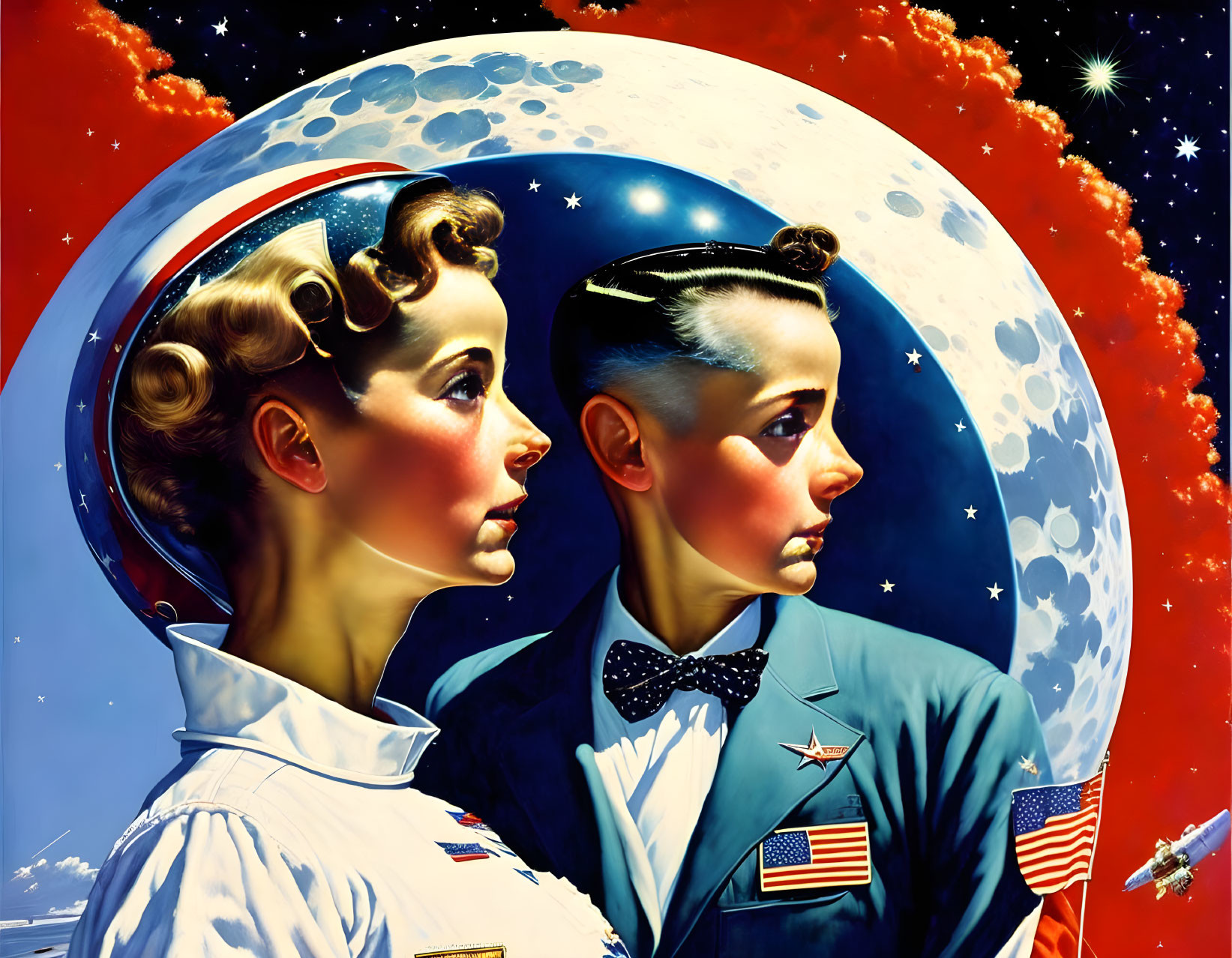 Retro-futuristic male and female astronauts with 1950s hairstyles under stylized moon.