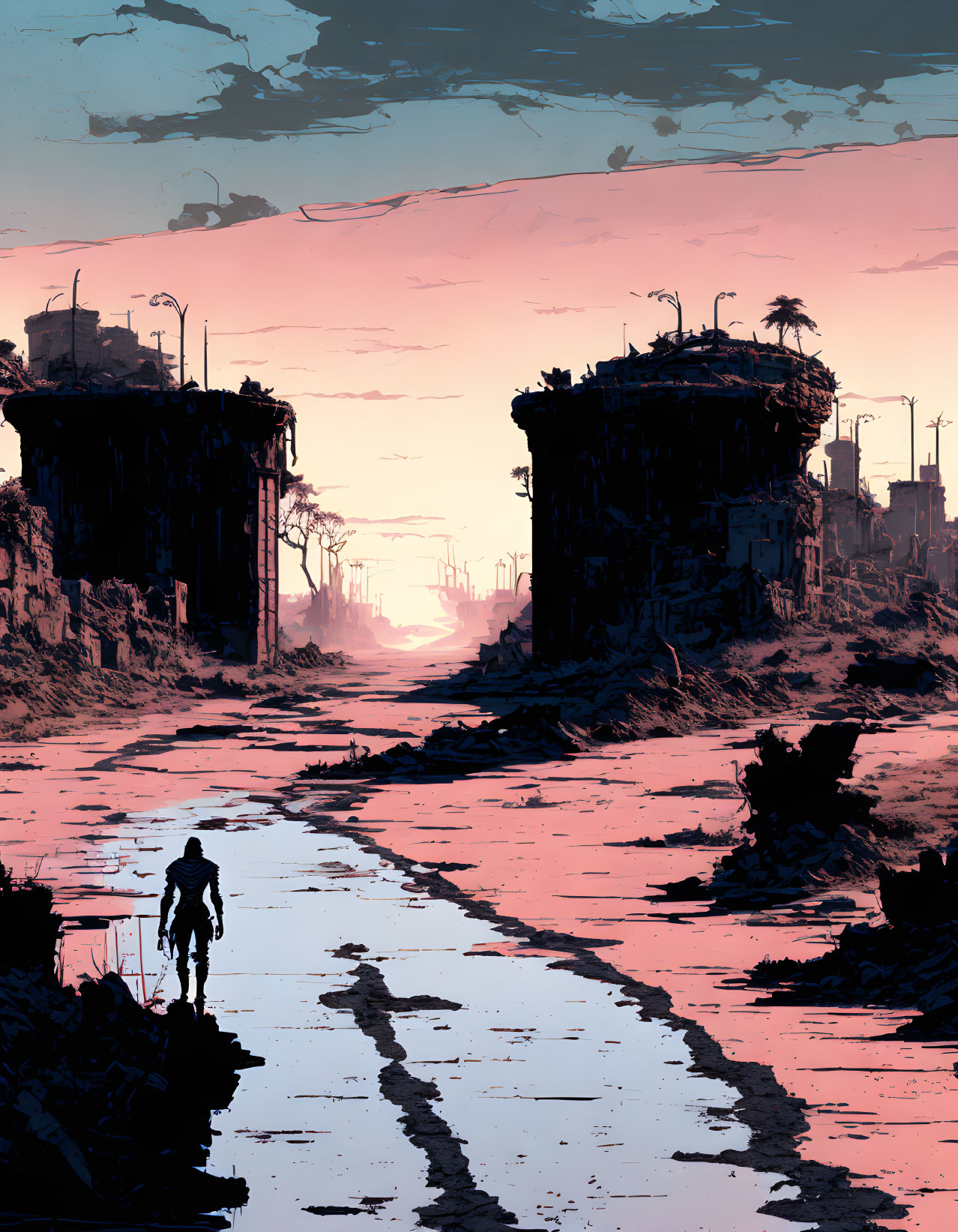 Desolate dystopian cityscape with lone figure at sunset