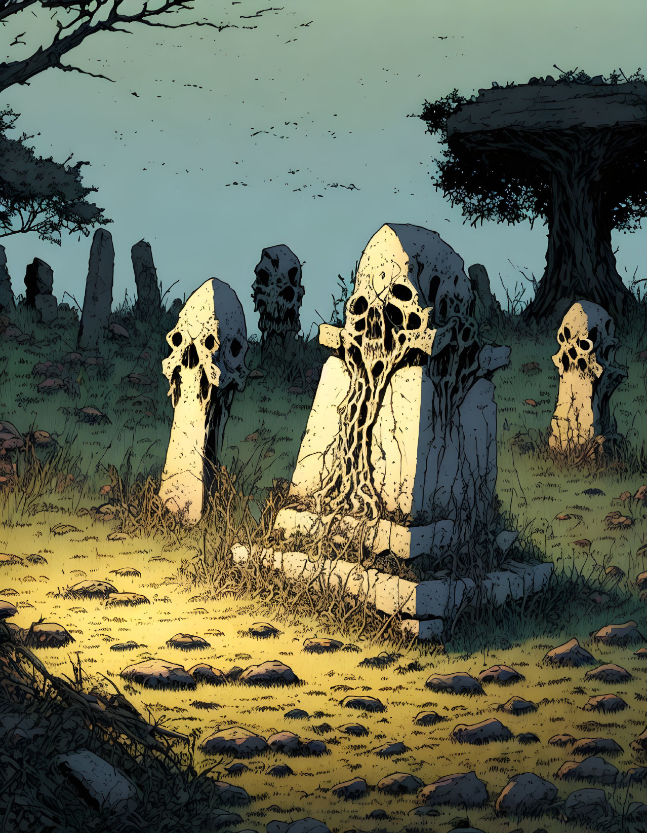 Skull-shaped gravestones in spooky graveyard at twilight