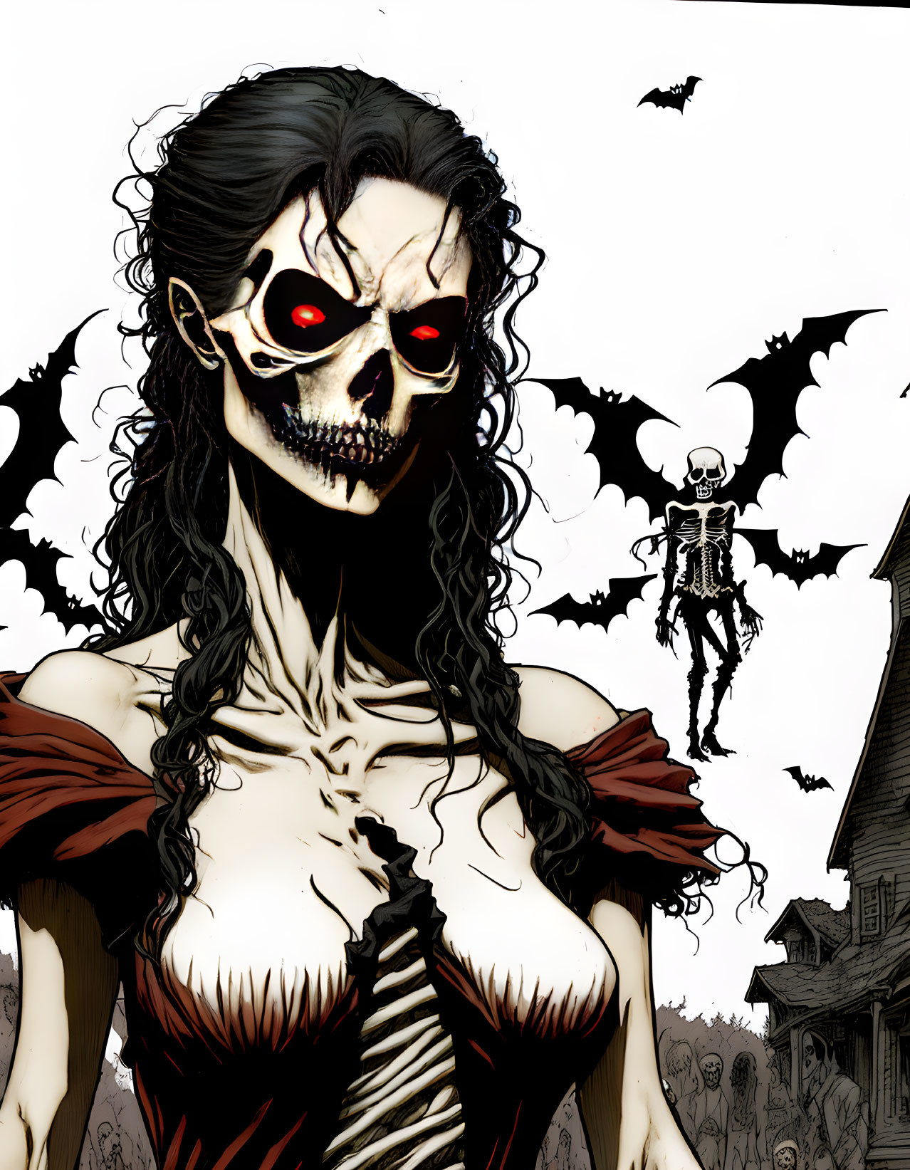 Female figure with skull face and red eyes in black hair, red dress, with bats and skeleton.