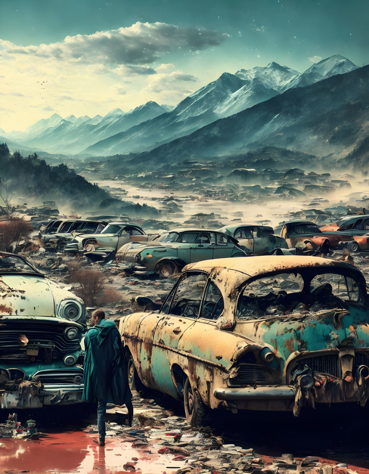 Person in Abandoned Car Valley Surrounded by Misty Mountains