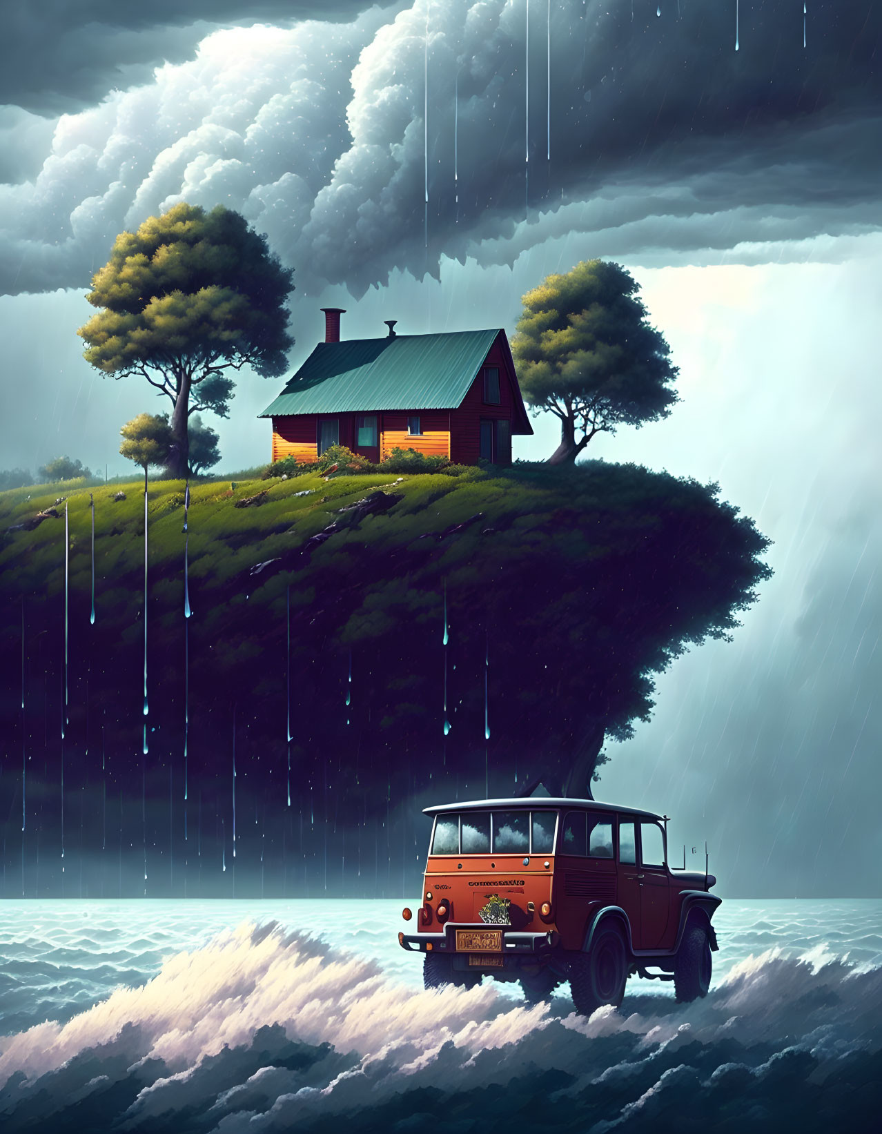 Floating island with house, trees, rain, classic car, and clouds