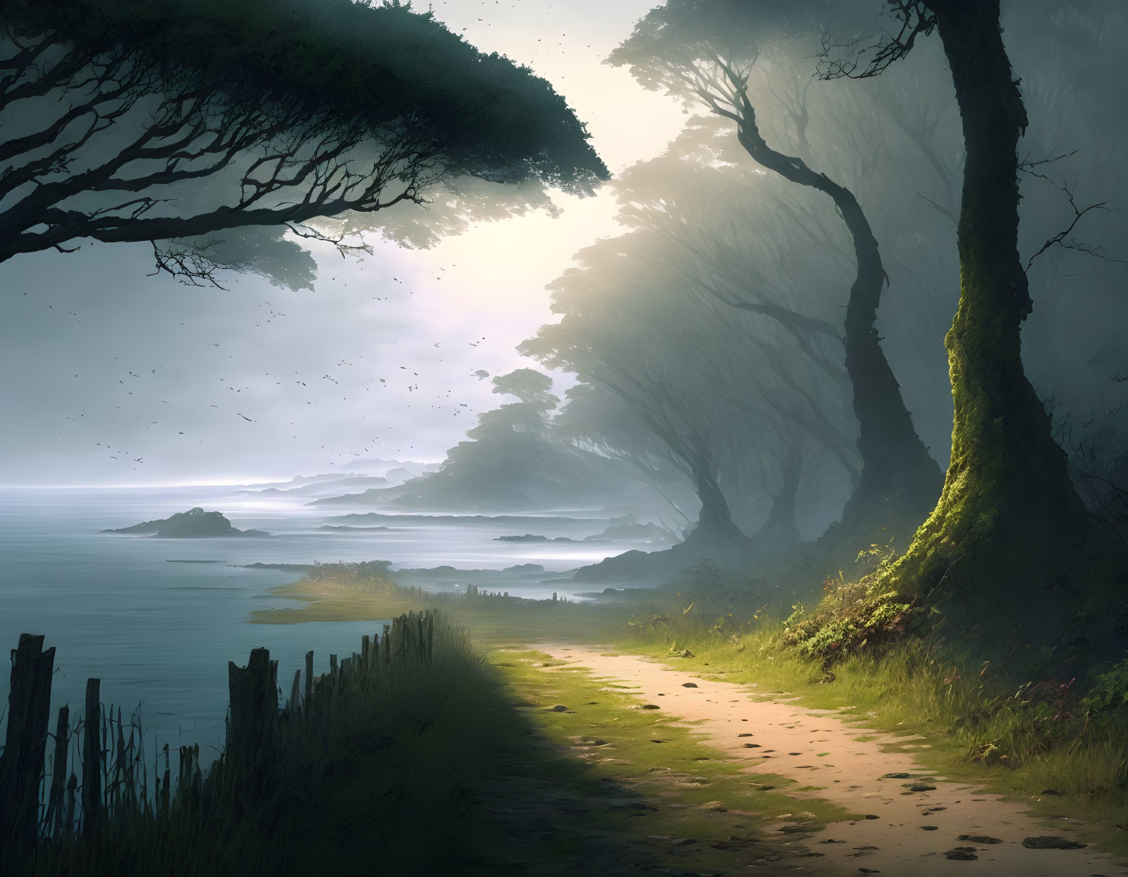 Serene Coastal Sunrise Landscape with Twisted Trees and Ocean View