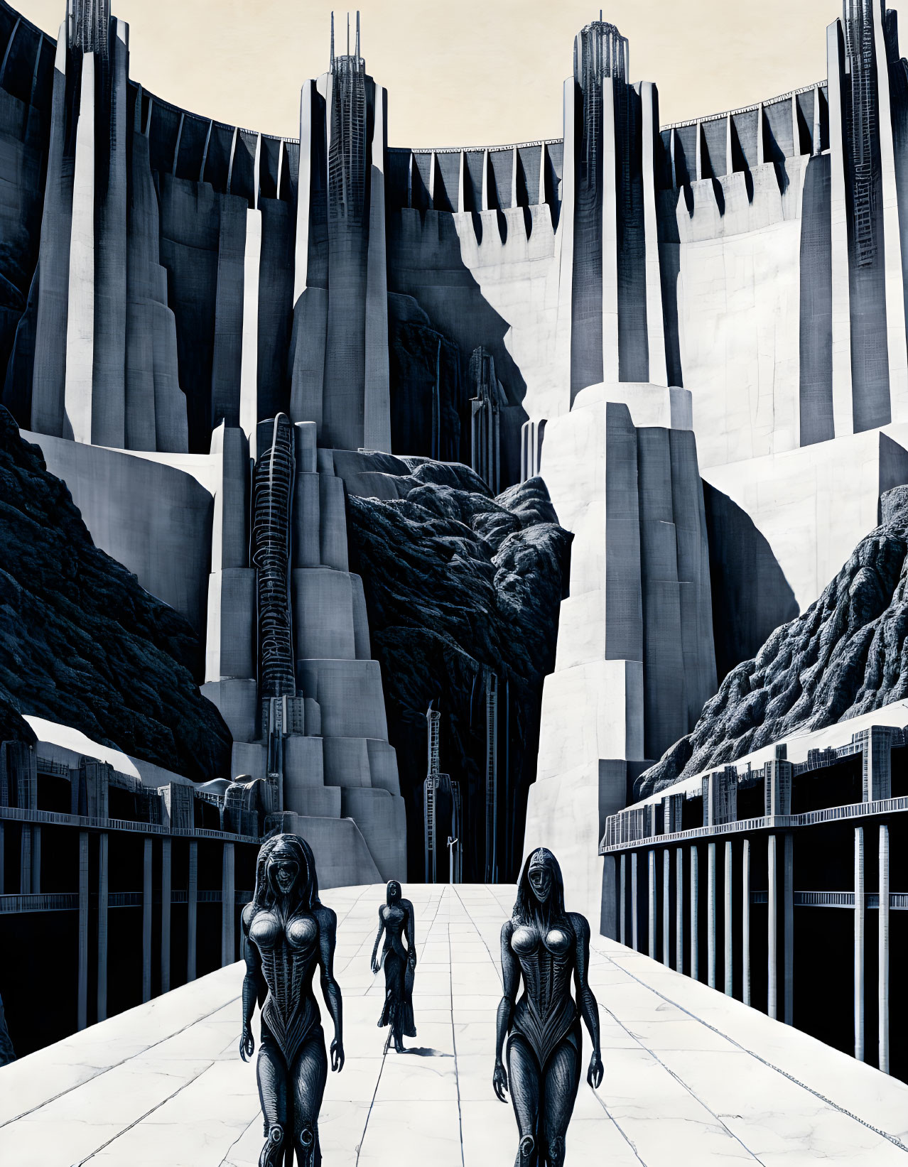 Futuristic scene with three figures walking towards monumental city