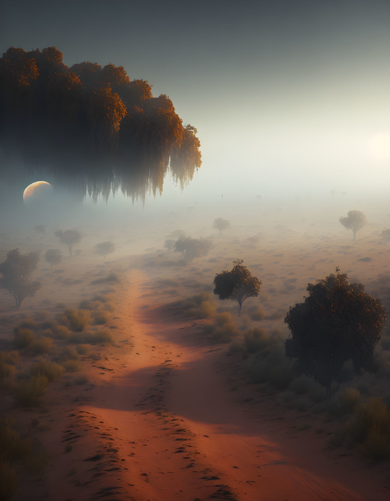 Surreal landscape with floating island above misty desert path