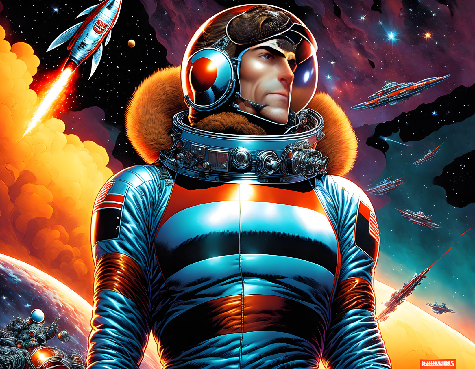 Astronaut in reflective suit against colorful space backdrop