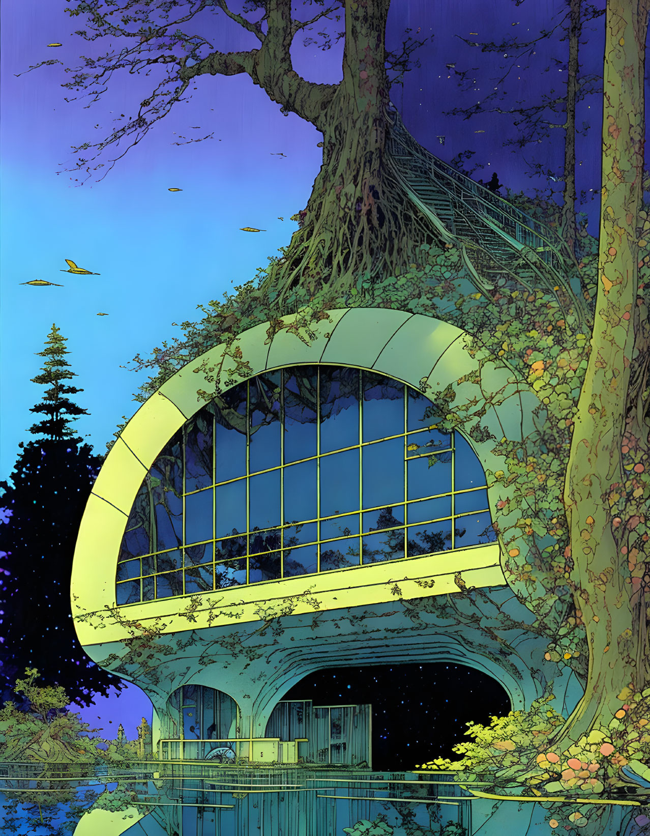 Futuristic oval building among forest trees at twilight