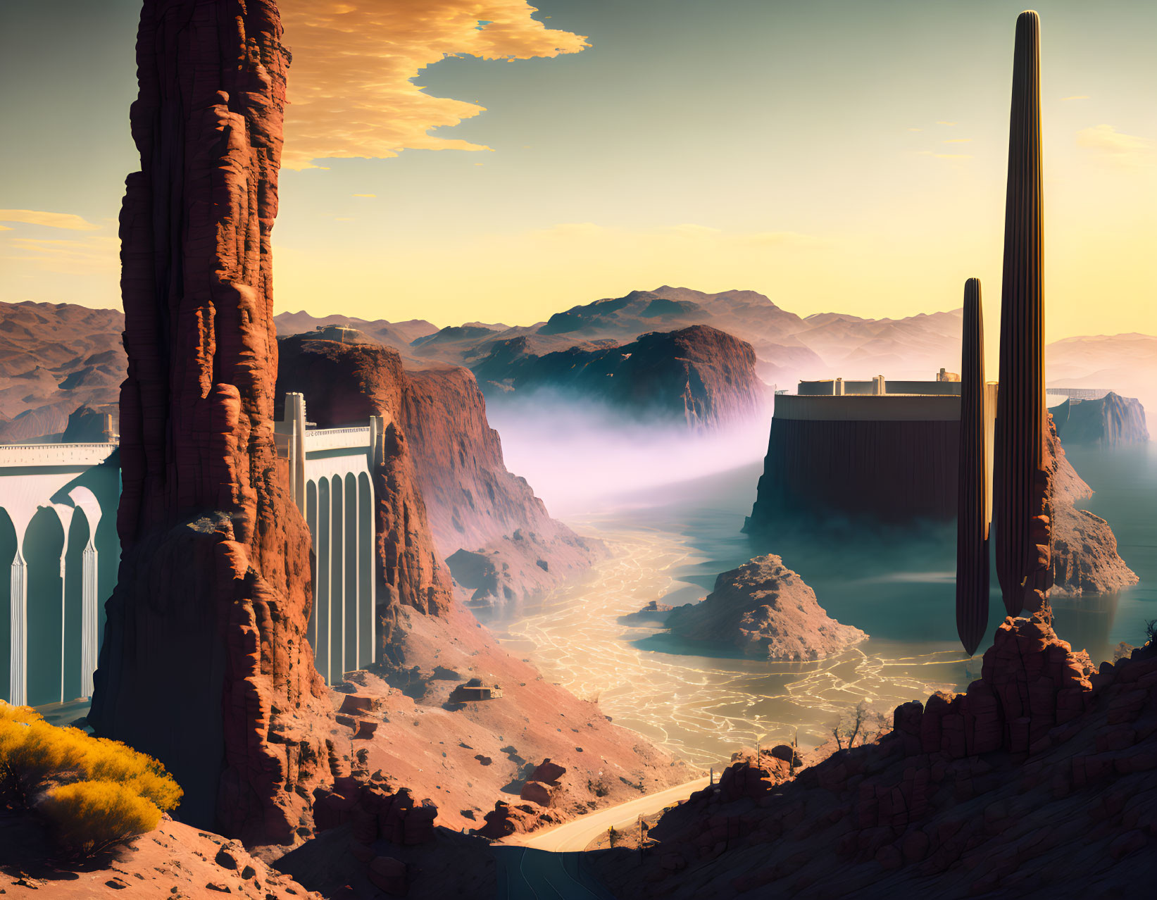 Futuristic landscape with towering cliffs, river, mist, and sleek structures