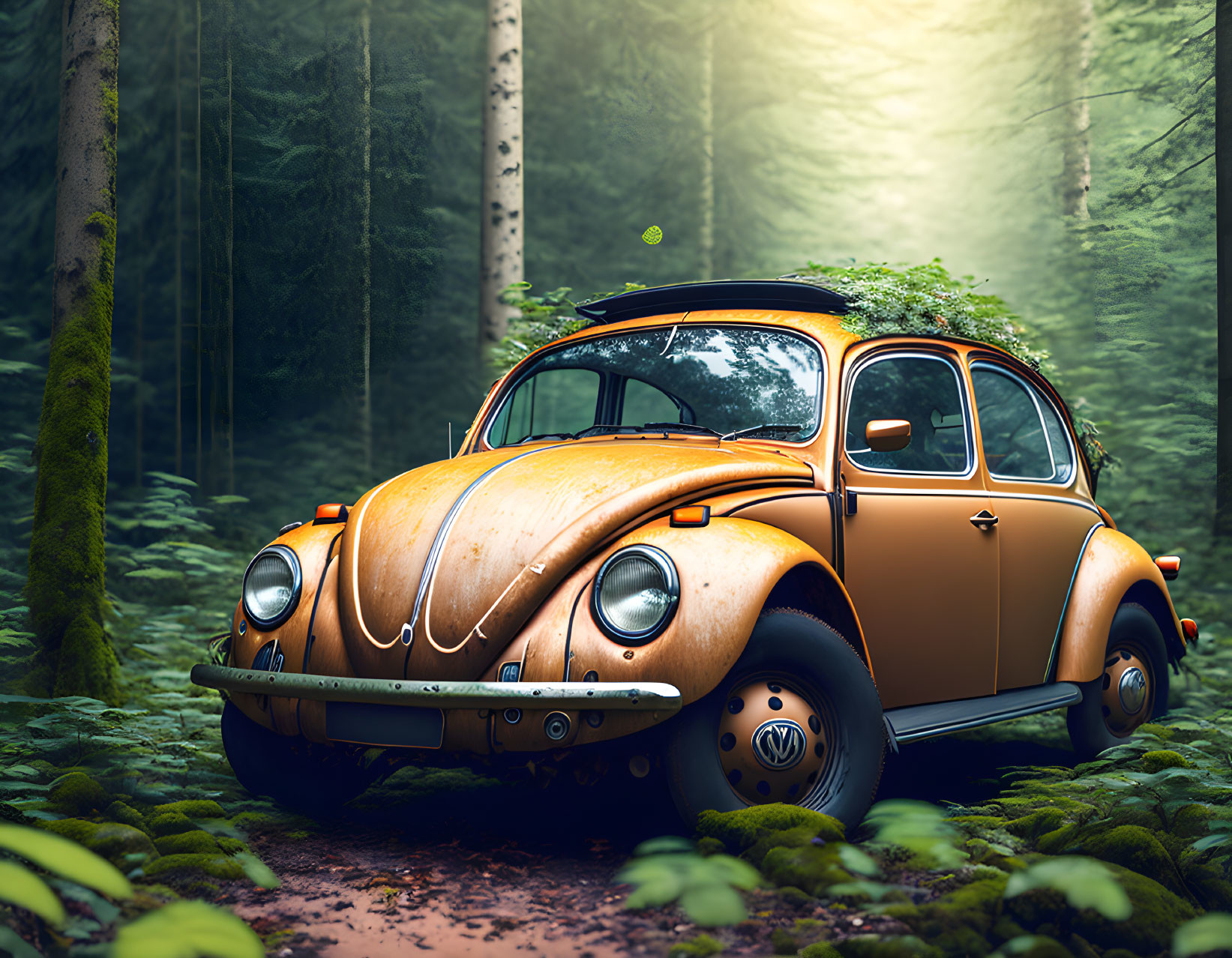 Classic Orange Volkswagen Beetle in Forest Setting with Sunlight Filtering Through Trees