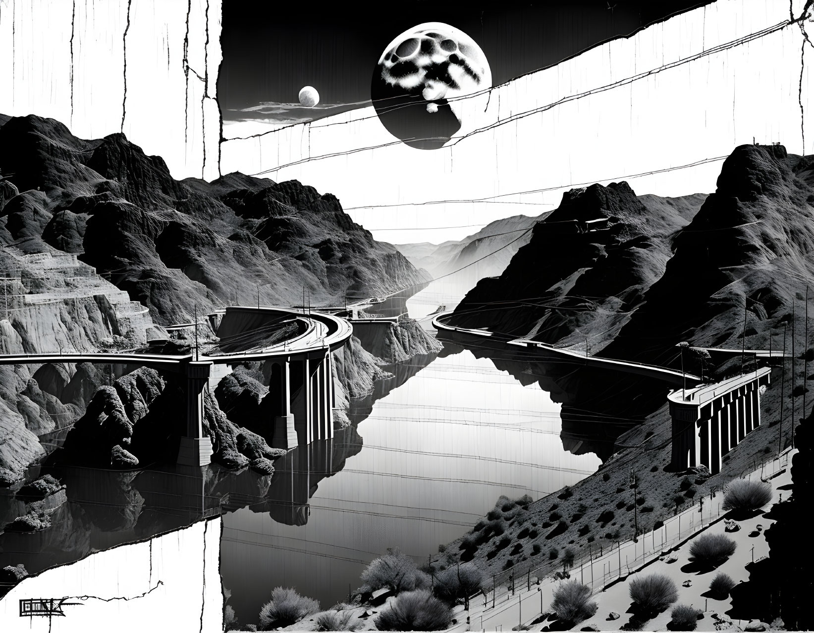 Surreal black and white landscape with winding road, bridge, moons, and rugged terrain