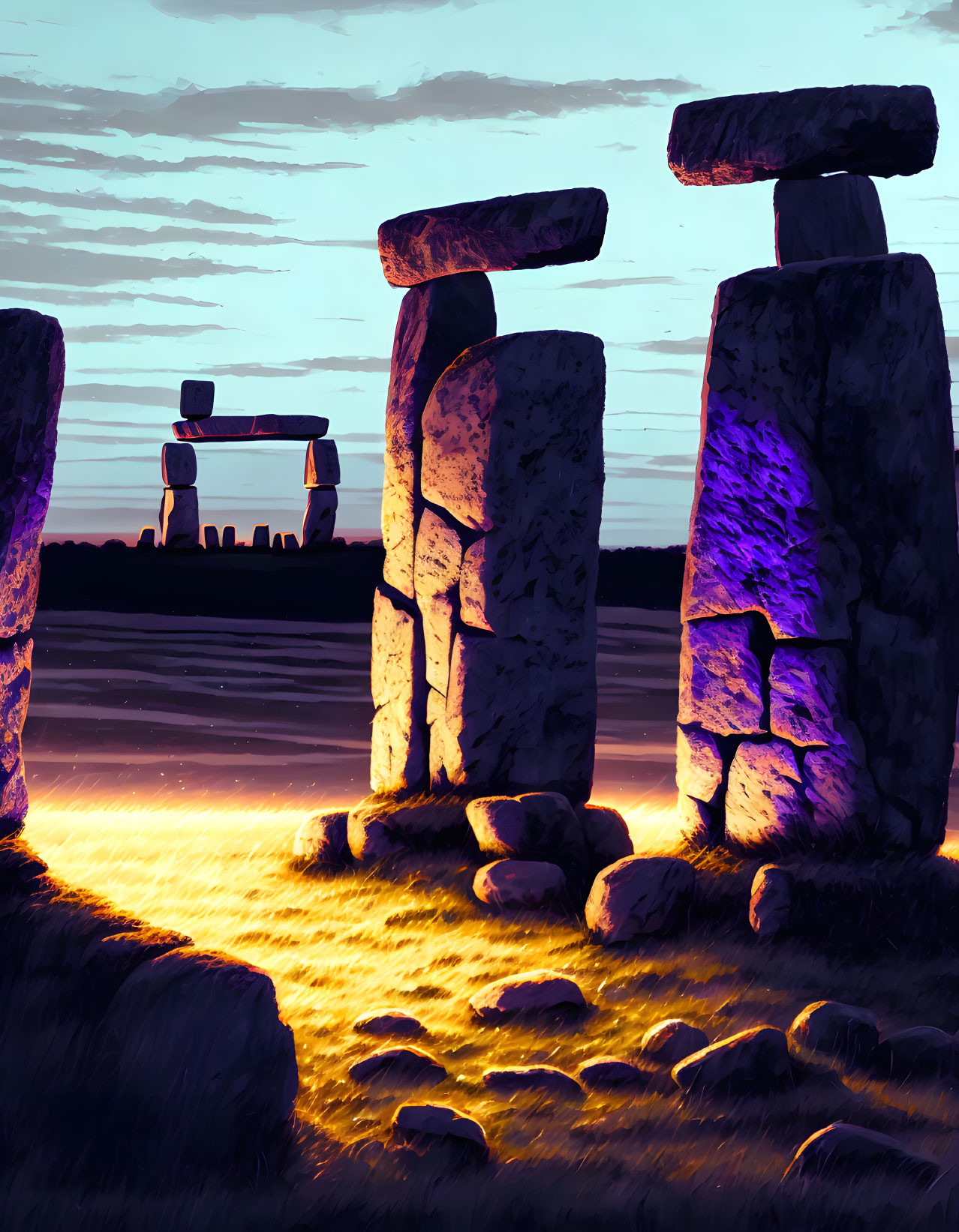 Majestic Stonehenge at sunset with purple hues and dramatic sky