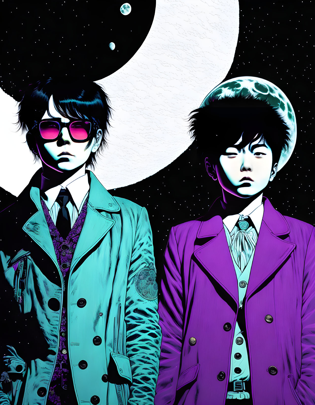 Stylized characters in cosmic-themed clothing against celestial background