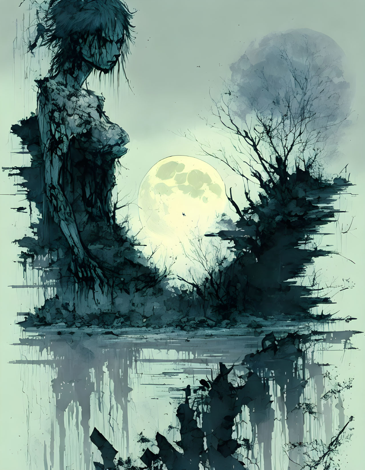 Misty moonlit landscape with shadowy figures